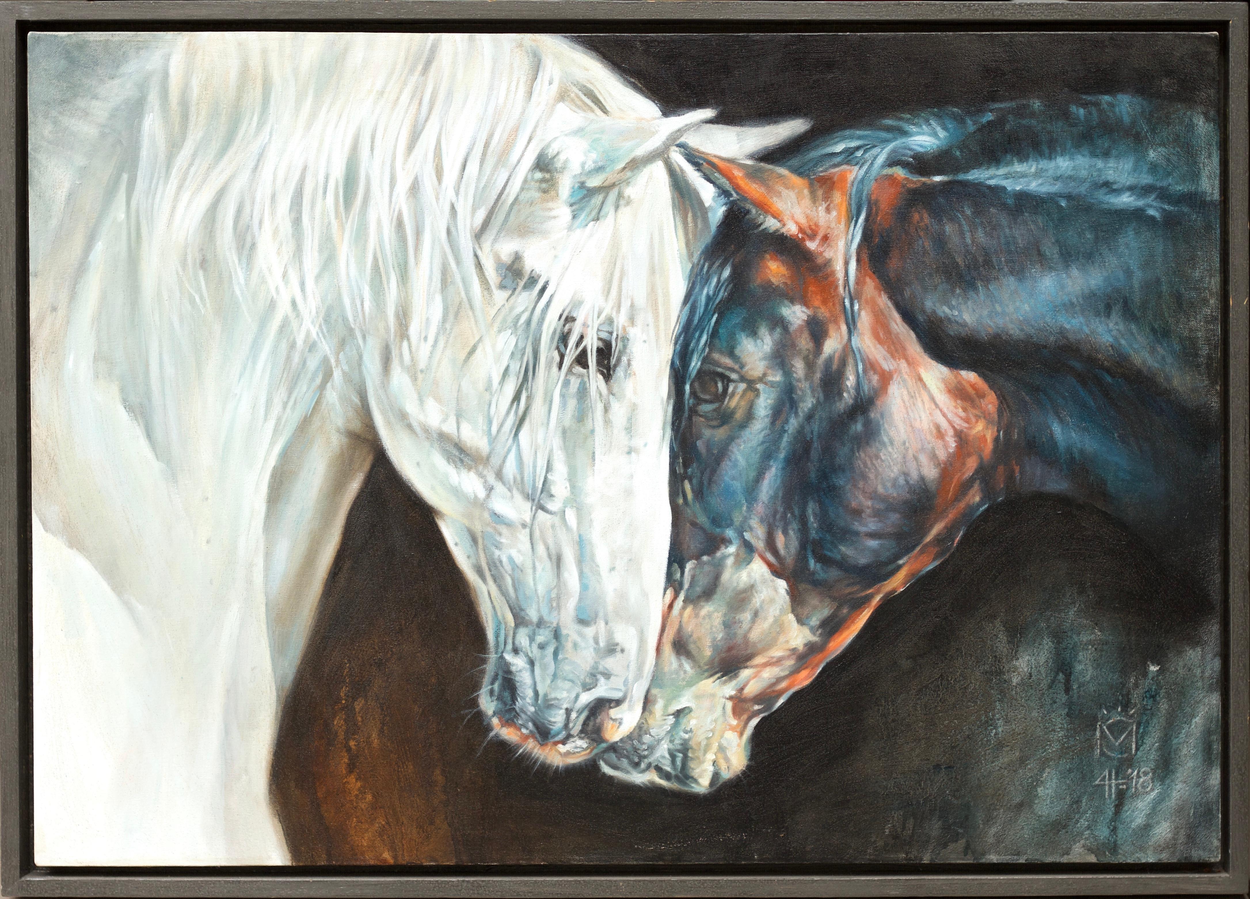 Tête à tête entre chevaux noirs et blancs - Painting de Daniela Nikolova