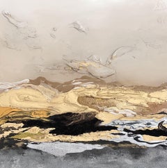 Coucher de soleil doré III - Cadre en champagne, technique mixte sur toile