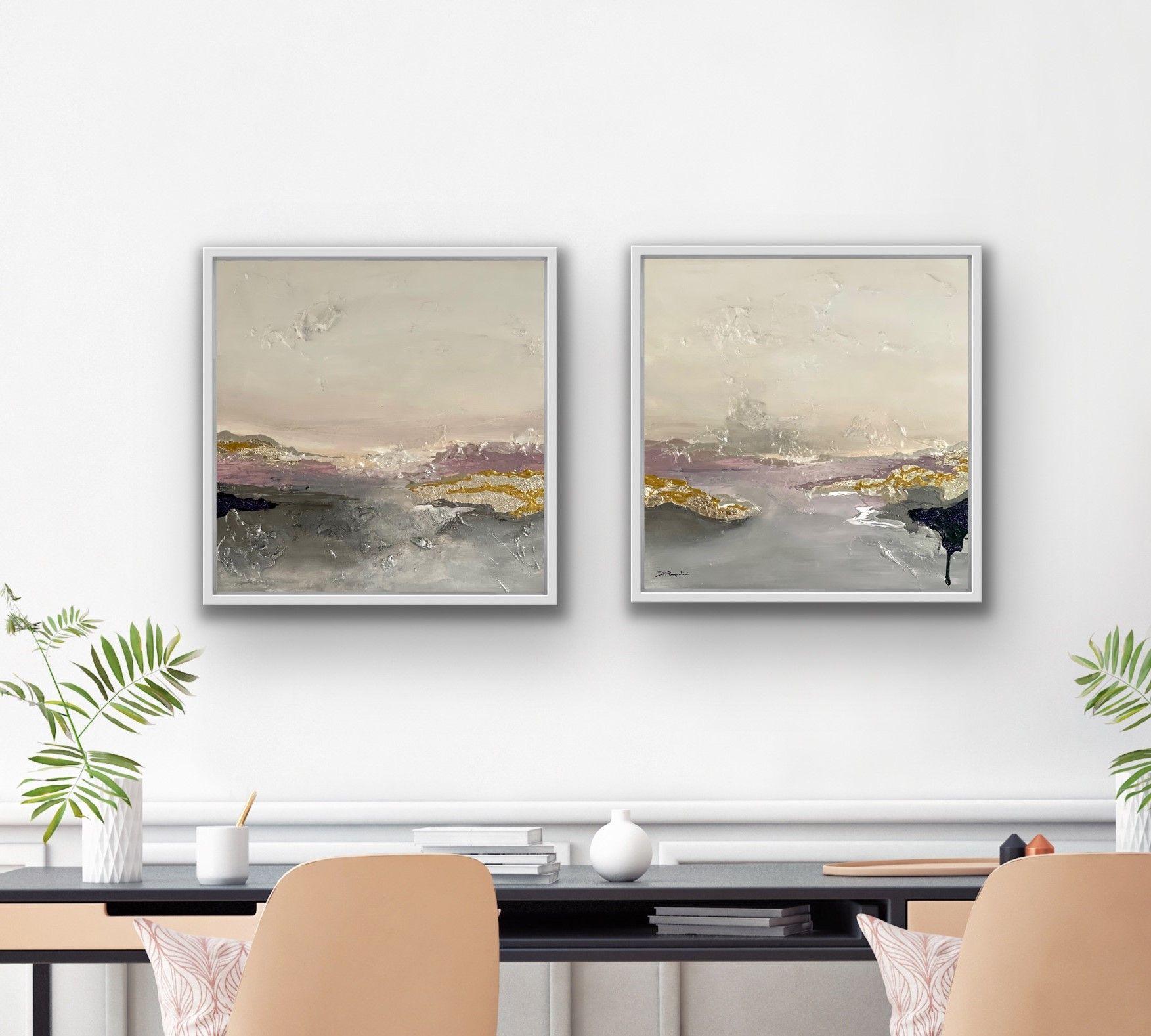 Diptych Poetic Landscape  XXVI lavender - framed, Painting, Acrylic on Canvas - Gray Abstract Painting by Daniela Pasqualini