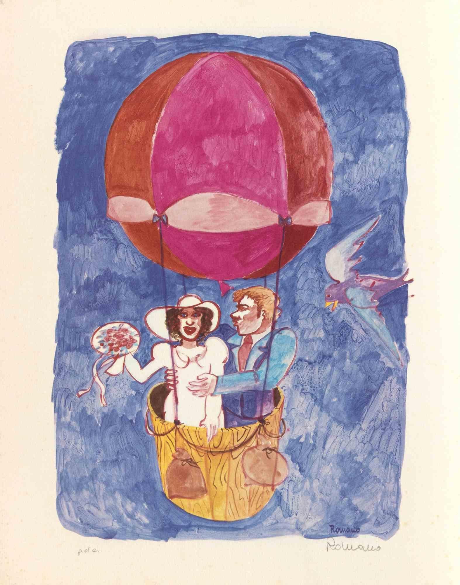 Lithograph realized by Daniela Romano.

Artist Proof, hand signed in pencil.

Very good condition.

This whimsical lithograph by Daniela Romano captures a romantic and playful scene of a couple ascending in a brightly colored hot air balloon. The