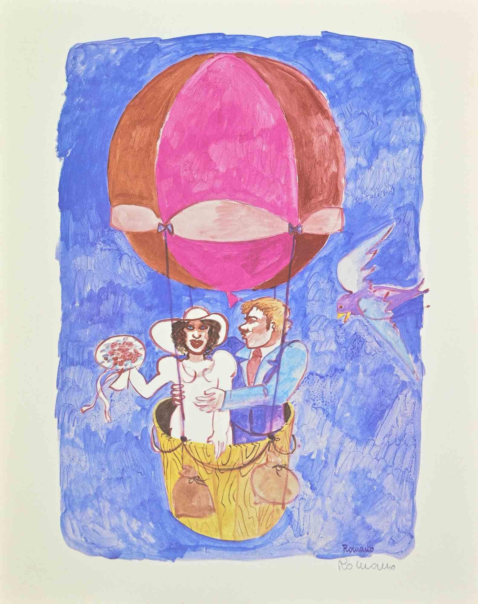 Lithograph realized by Daniela Romano.

Artist Proof, hand signed in pencil.

Very good condition.

This whimsical lithograph by Daniela Romano captures a romantic and playful scene of a couple ascending in a brightly colored hot air balloon. The