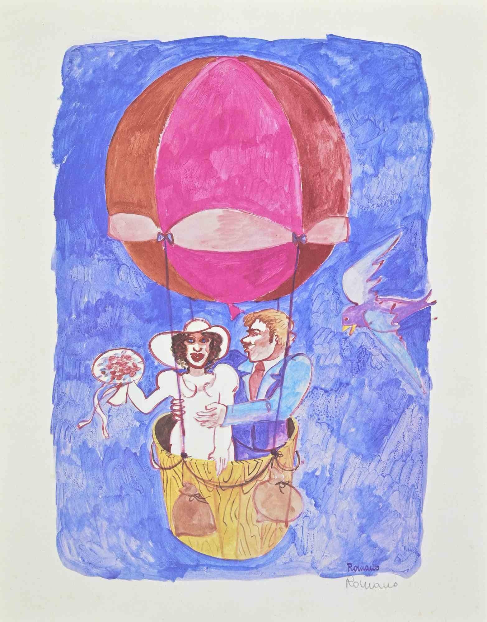 Lithograph realized by Daniela Romano.

Artist Proof, hand signed in pencil.

Very good condition.

This whimsical lithograph by Daniela Romano captures a romantic and playful scene of a couple ascending in a brightly colored hot air balloon. The