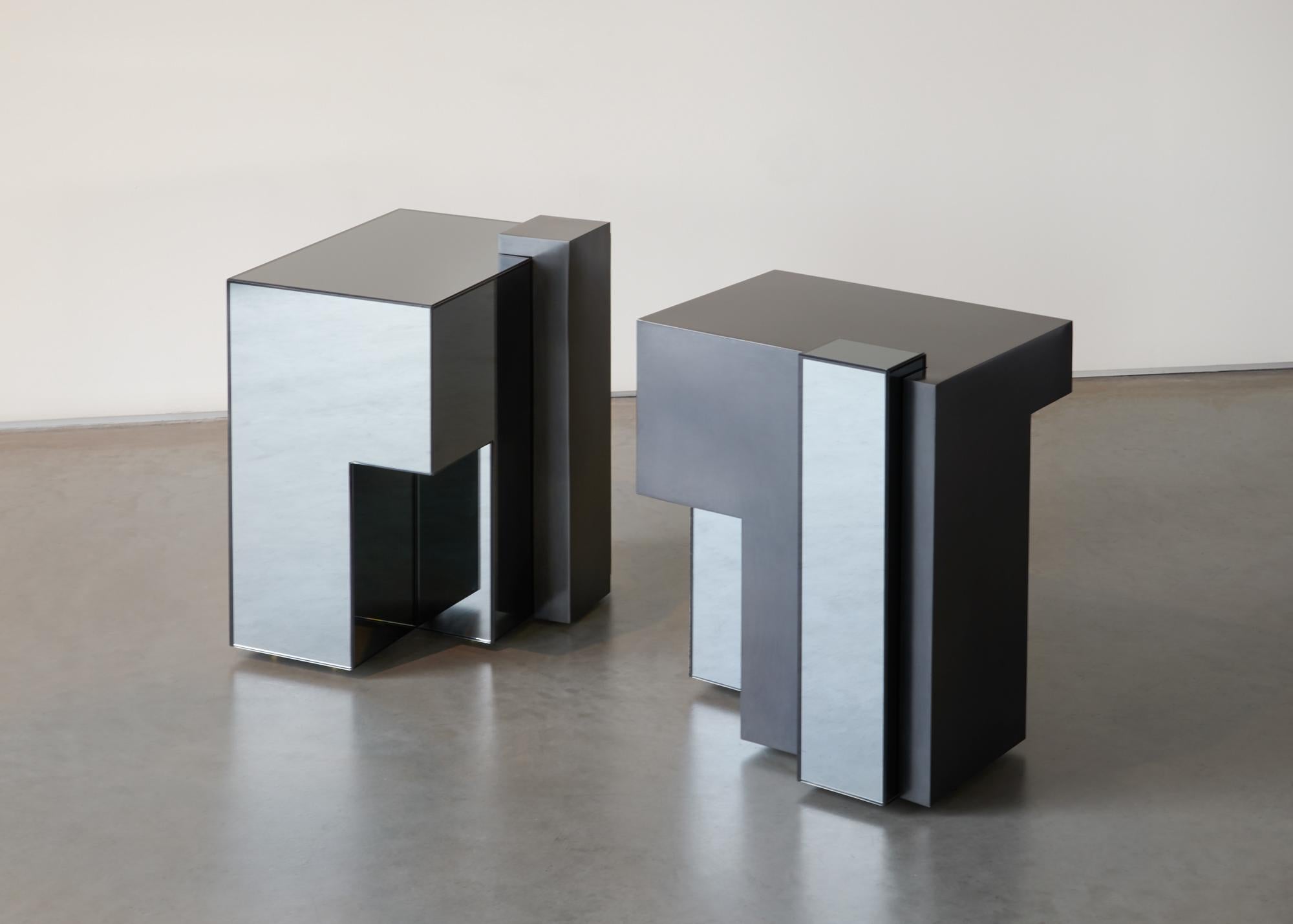 The Astral Projection series consists of interlocking forms that reference mid-century architecture but make a subtle contemporary update to the classic geometries, focusing on the idea of sliding planes and shifting reflective surfaces rather than