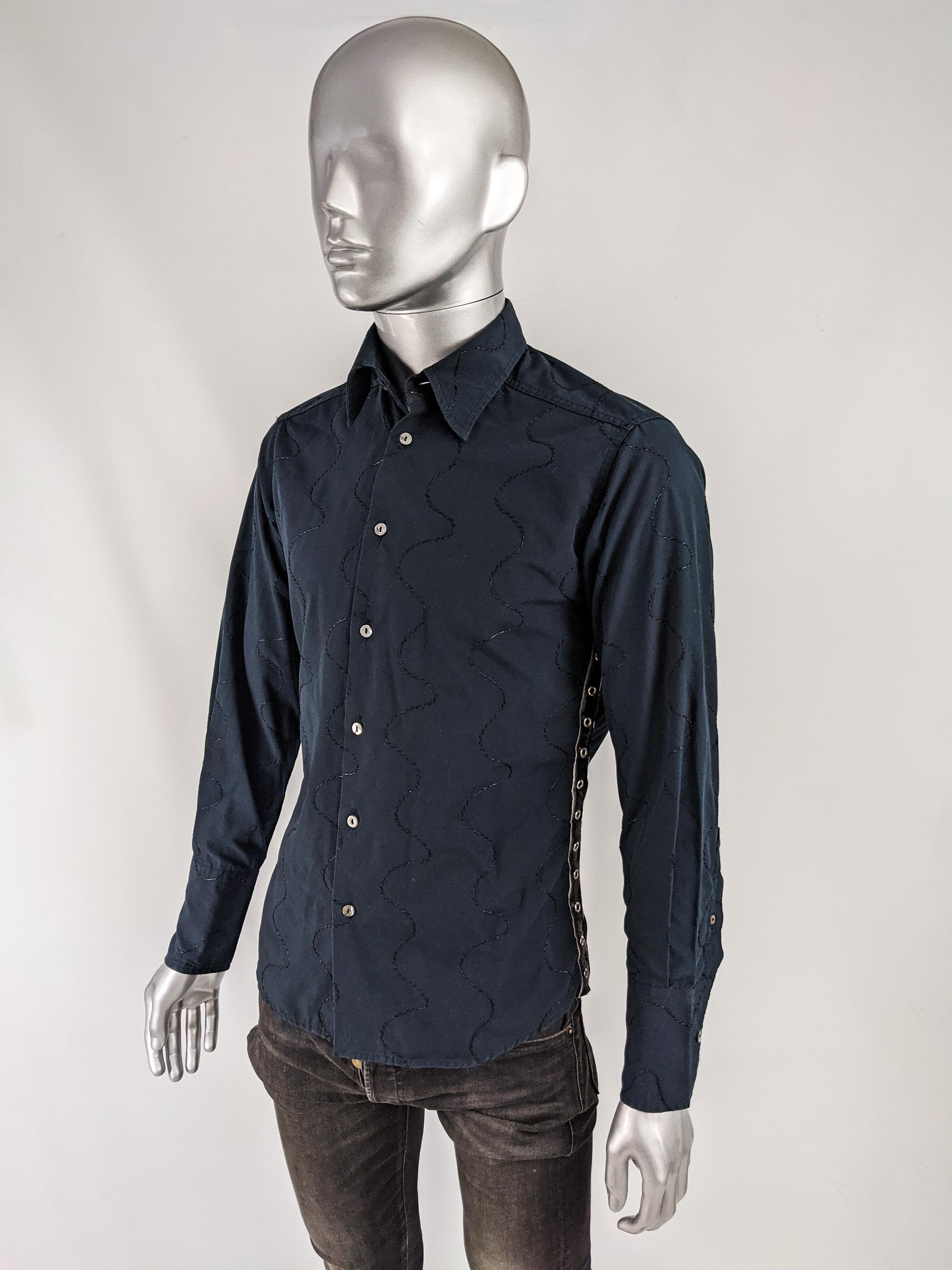 An incredible preowned mens Daniele Alessandrini long sleeve party shirt in a dark blue fabric with amazing black satin embroidery / chain stitch throughout. Impeccable quality, with the stitching matched across the panels, long barrel cuffs and