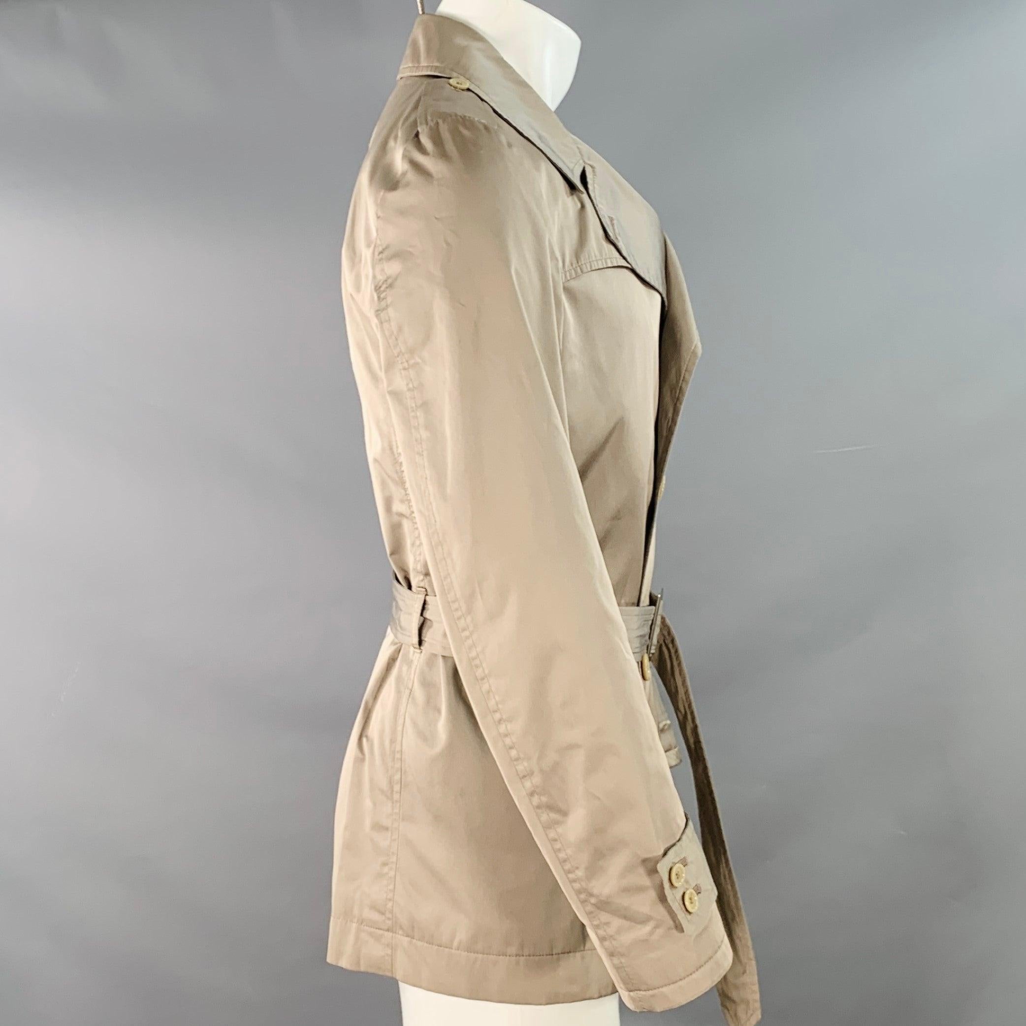DANIELE ALESSANDRINI jacket
in a khaki viscose satin featuring a double breasted style, two slip pockets, and button closure with belt. Made in Italy.Very Good Pre-Owned Condition. Minor marks and signs of wear. 

Marked:   IT 48 

Measurements: 
