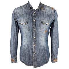 DANIELE ALESSANDRINI Size L Indigo Distressed Snaps Long Sleeve Shirt