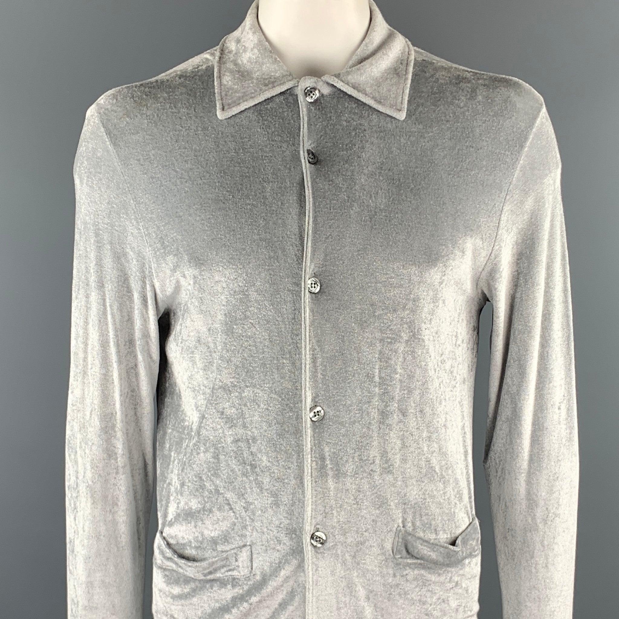 DANIELE ALESSANDRINI jacket comes in a silver shimmery viscose / nylon featuring slit pockets and a button up style. Made in Italy.Very Good
Pre-Owned Condition. 

Marked:   L 

Measurements: 
 
Shoulder: 19 inches 
Chest: 38 inches 
Sleeve: 28.5