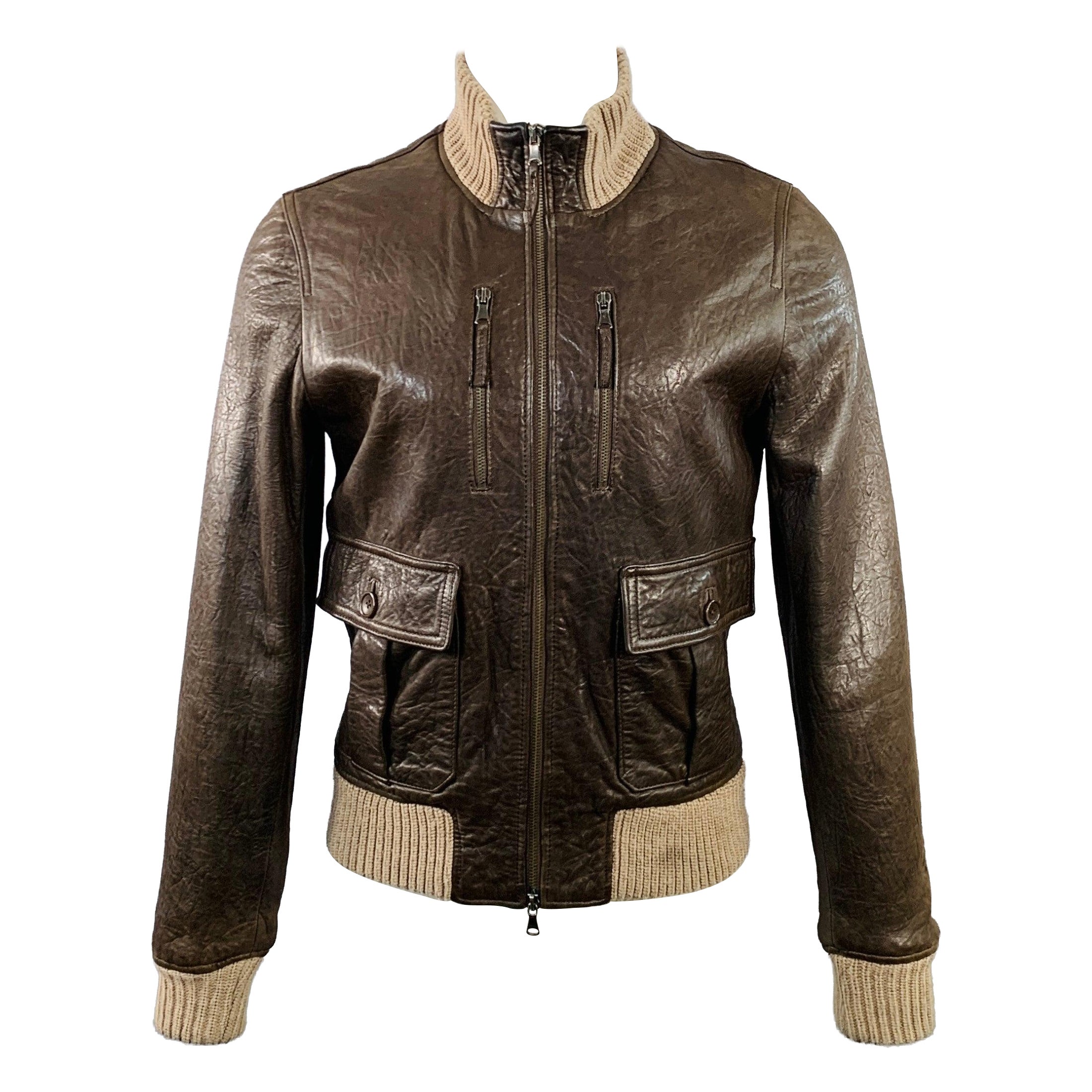 DANIELE ALESSANDRINI Size S Brown Ribbed Leather Bomber Jacket