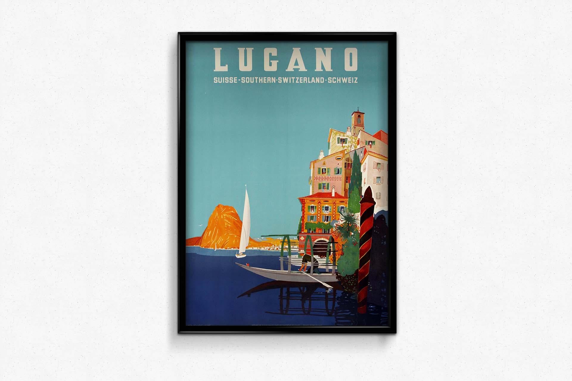 In the picturesque realm of travel posters, Daniele Buzzi's 1952 creation beckons viewers to explore the scenic wonders of Lugano in Southern Switzerland. This vintage masterpiece serves not only as an enticing promotional piece but also as a