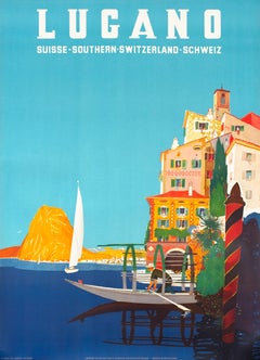 "Lugano - Southern Switzerland" Original Swiss Vintage Travel Poster Lake Scene