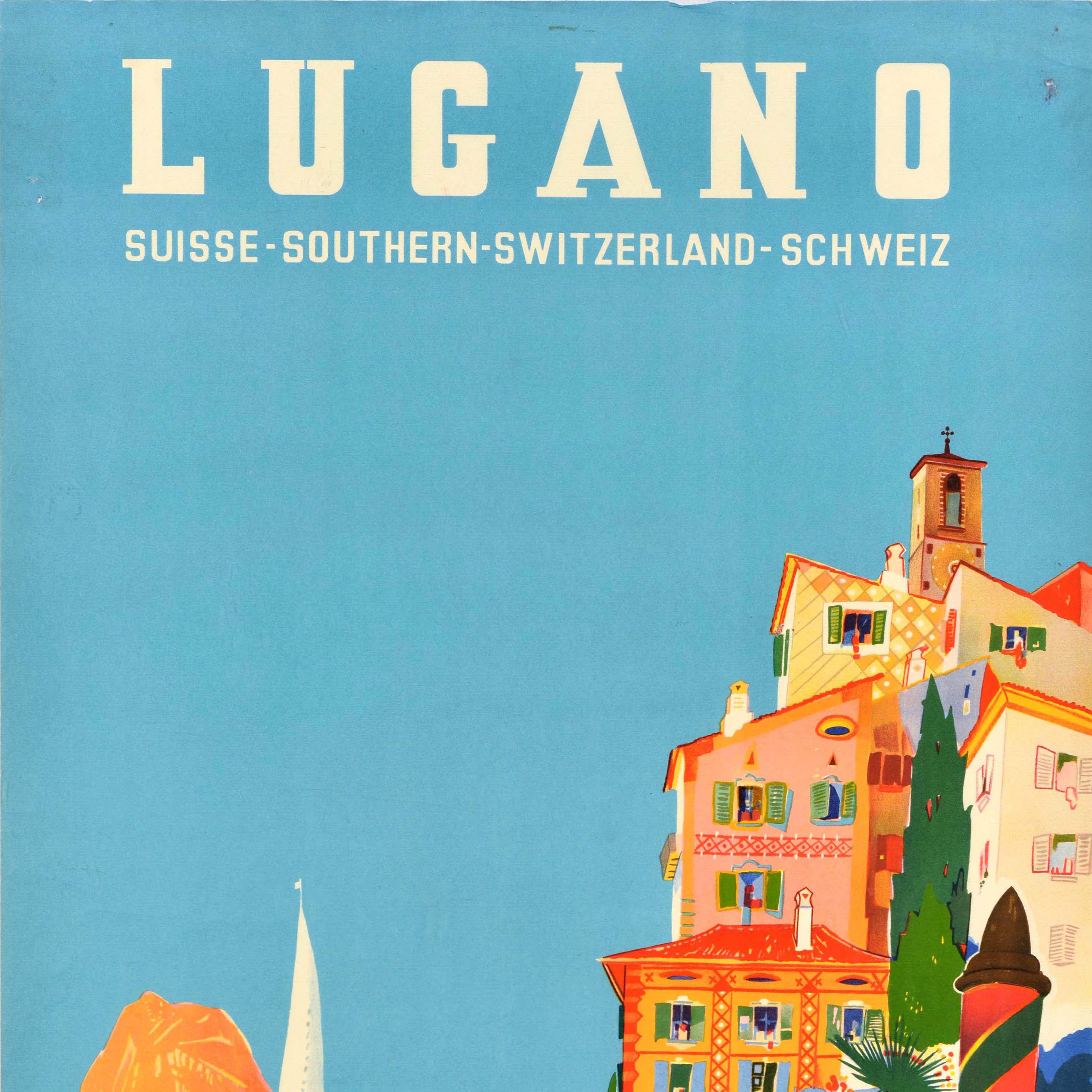 Original-Vintage-Reiseplakat Lugano Südschweiz Schweiz Buzzi (Blau), Print, von Daniele Buzzi