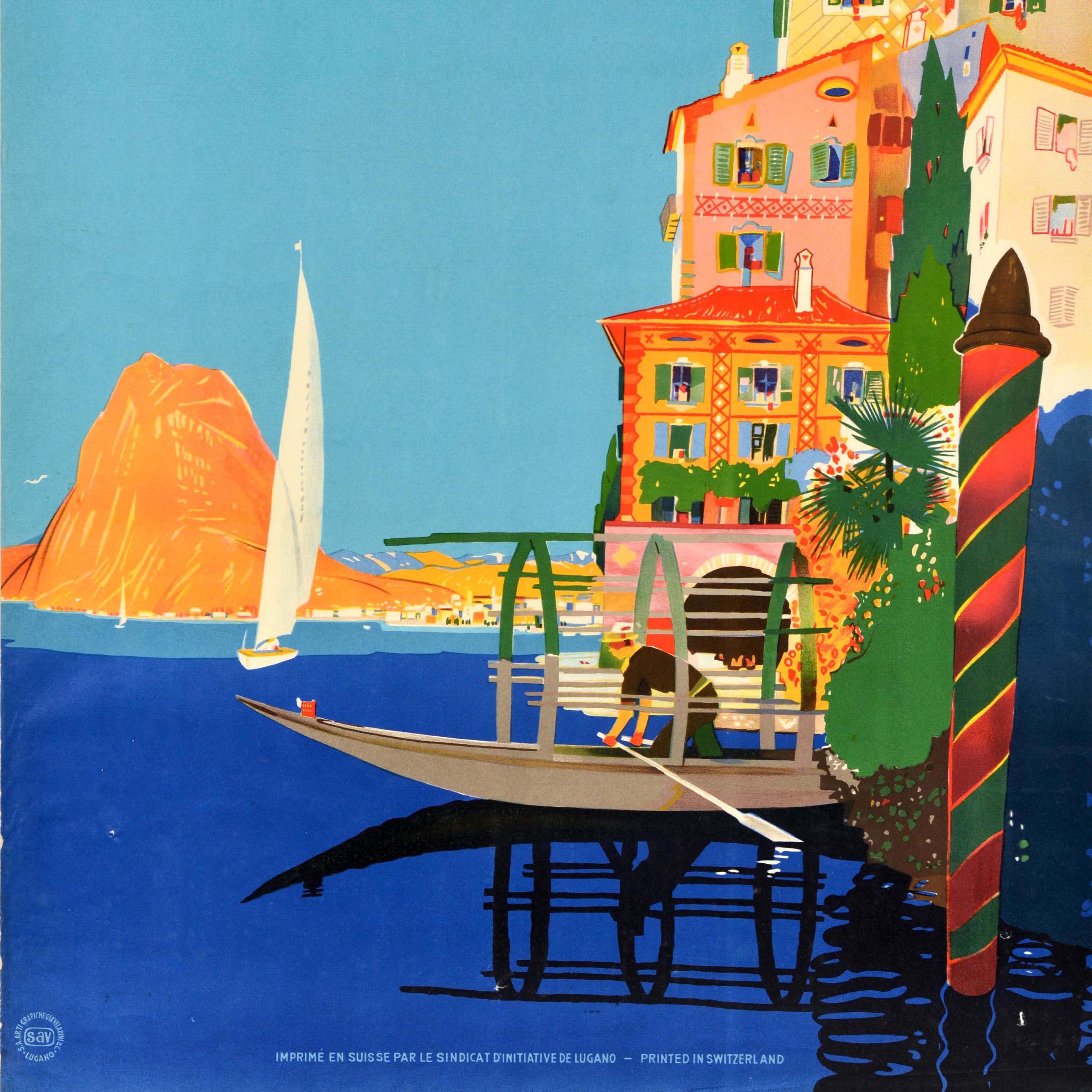 Original vintage travel poster for Lugano in Southern Switzerland Suisse Schweiz featuring a colourful image by the Swiss artist Daniele Buzzi (1890-1974) of a man holding oars on a boat reflected on the deep blue water, buildings and trees on the