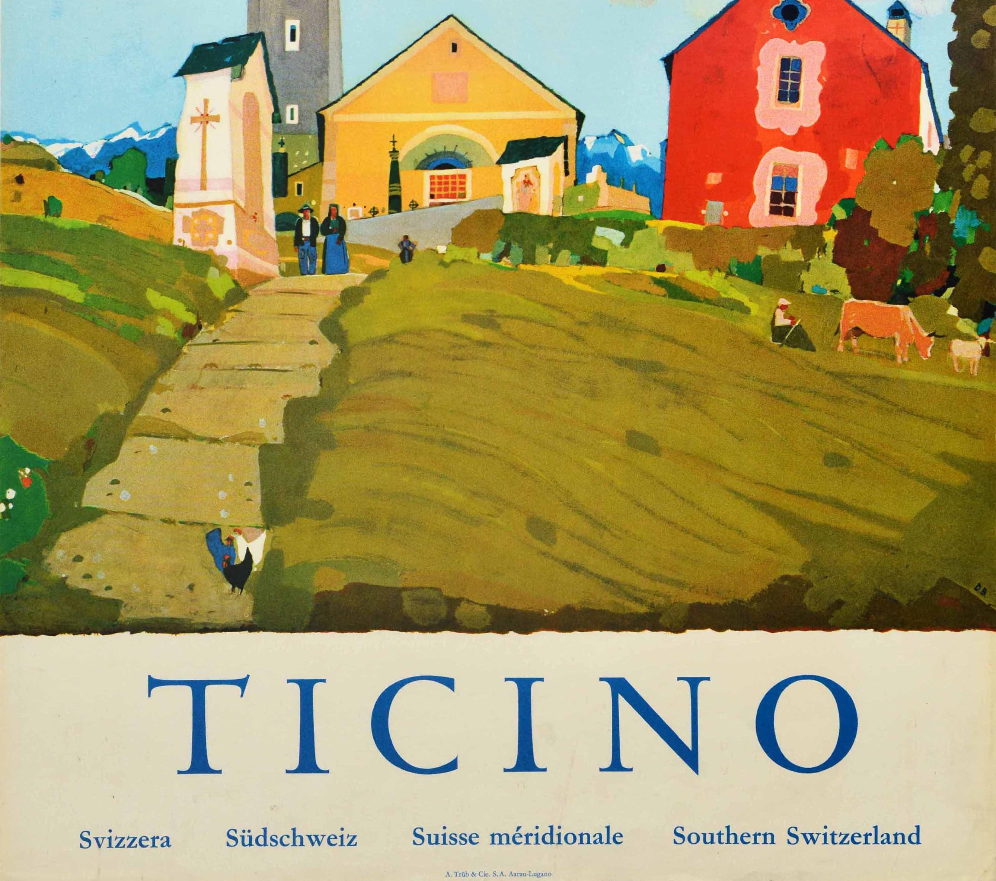 Affiche rétro originale de voyage, Ticino, Canton de Tession, Village des Alpes suisses, Montagnes - Beige Print par Daniele Buzzi