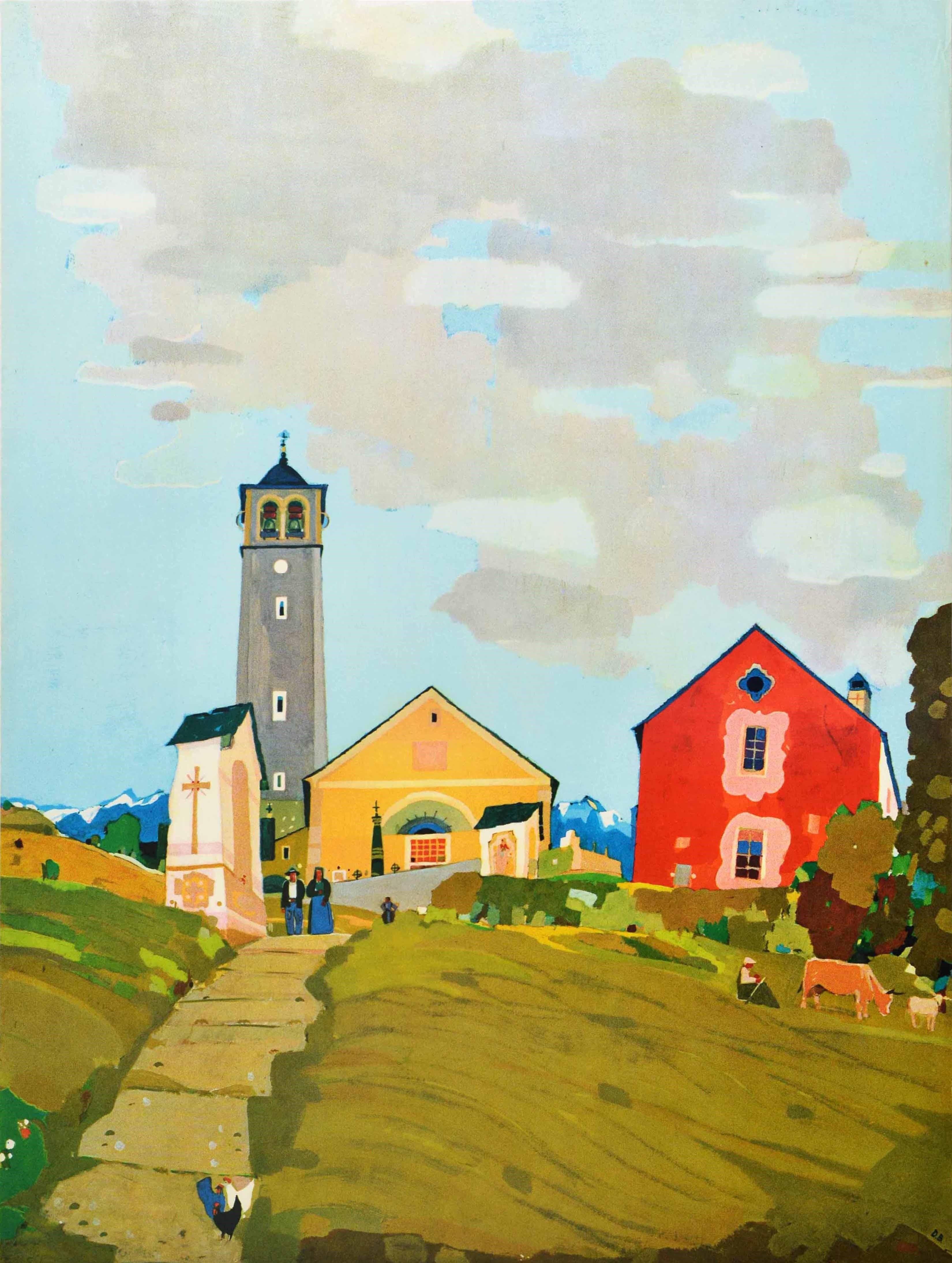 Affiche de voyage originale pour le Tessin, dans le sud de la Suisse, illustrée par l'artiste suisse Daniele Buzzi (1890-1974). On y voit un village de campagne avec des maisons décoratives colorées, des gens près d'une église, un fermier faisant
