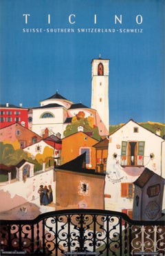 "Ticino" Original Vintage 1940s Switzerland Travel Poster Village Scene