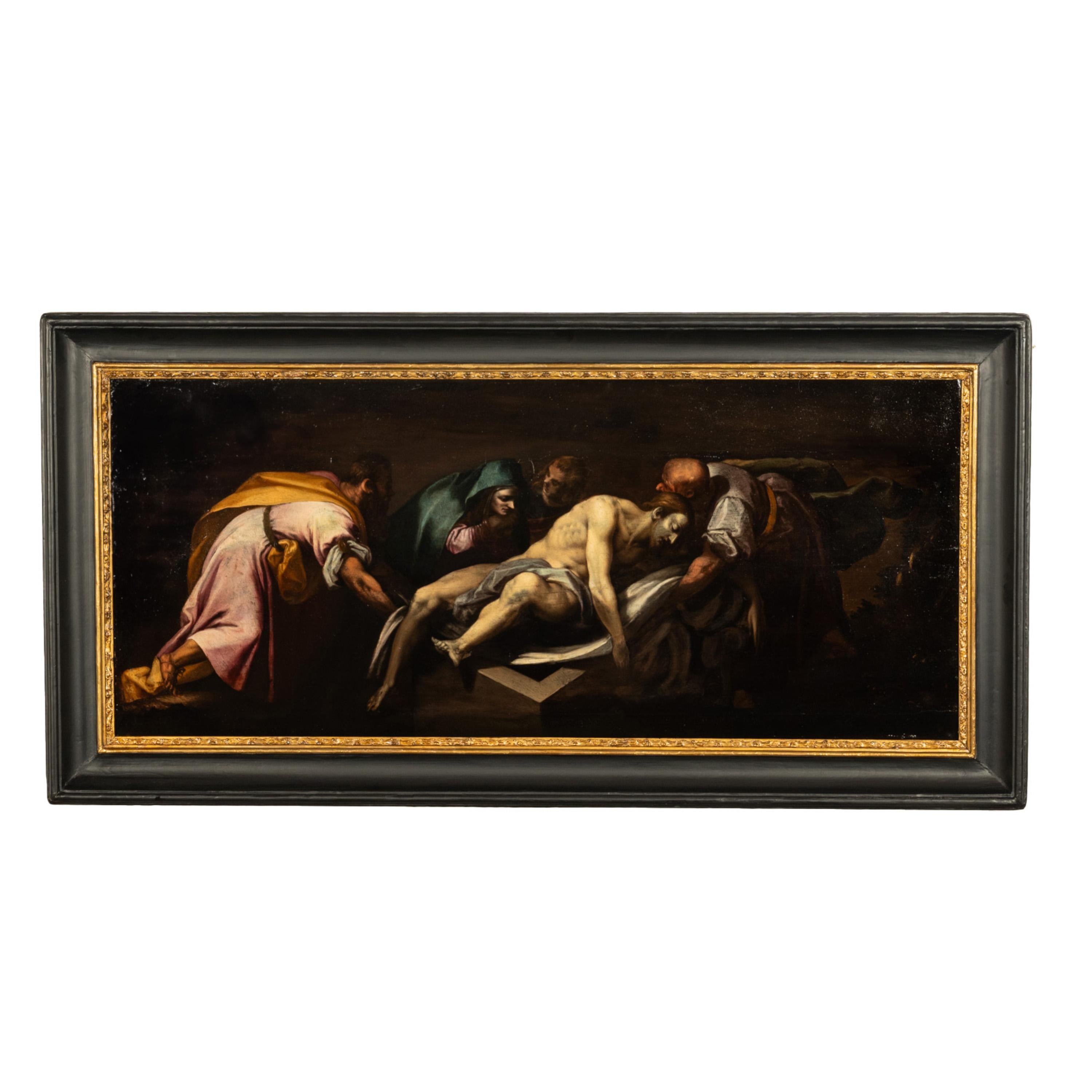 An important & large Italian Baroque period oil painting on panel attributed to Daniele Crespi (1598-1630), "The Entombment of Christ", Milan circa 1620. See artist biography below.

The painting depicts Christ having being removed from the crucifix
