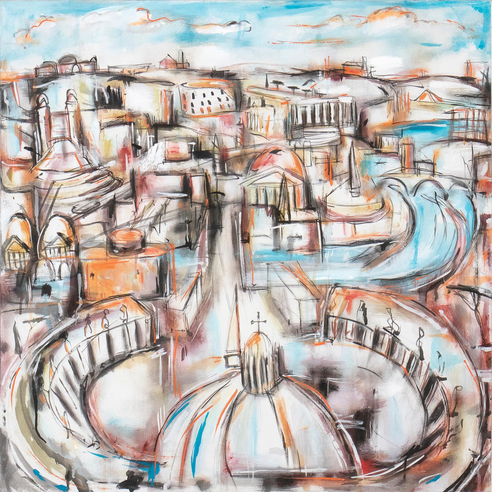 Daniele Righi Ricco  Figurative Painting - View Of Rome Sightseeing  From The Dome of the St Peters Basilica City Landscape
