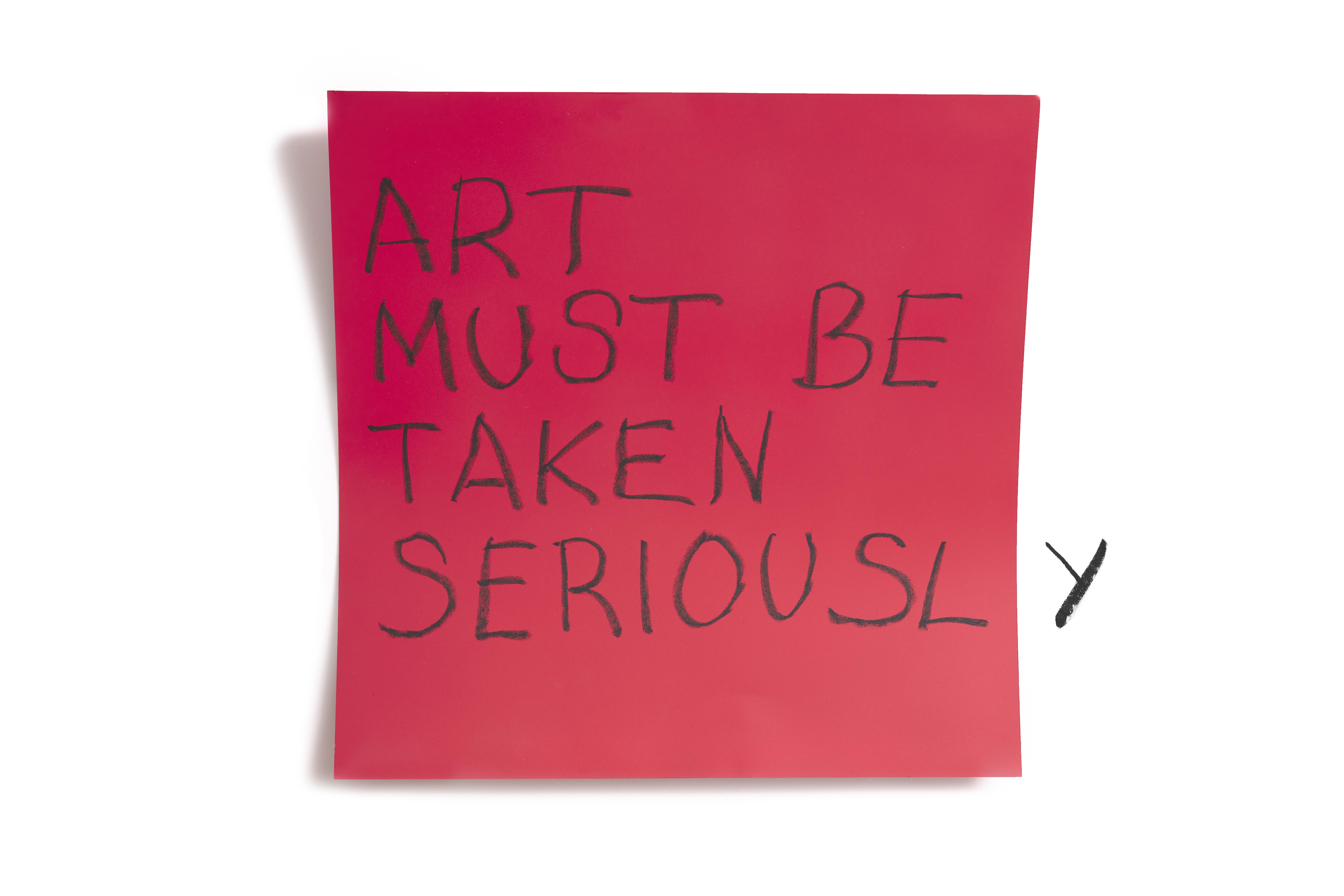 Daniele Sigalot  Abstract Sculpture - Daniele Sigalot, Art must be taken seriousl y, words, post-it, red, text