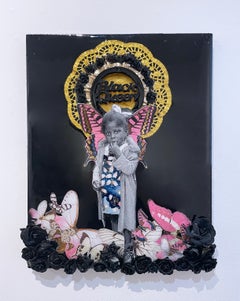 Black Queen, mixed media assemblage, little girl portrait, gold, pink, butterfly