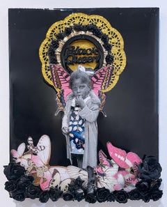 Black Queen, mixed media assemblage, little girl portrait, gold, pink, butterfly