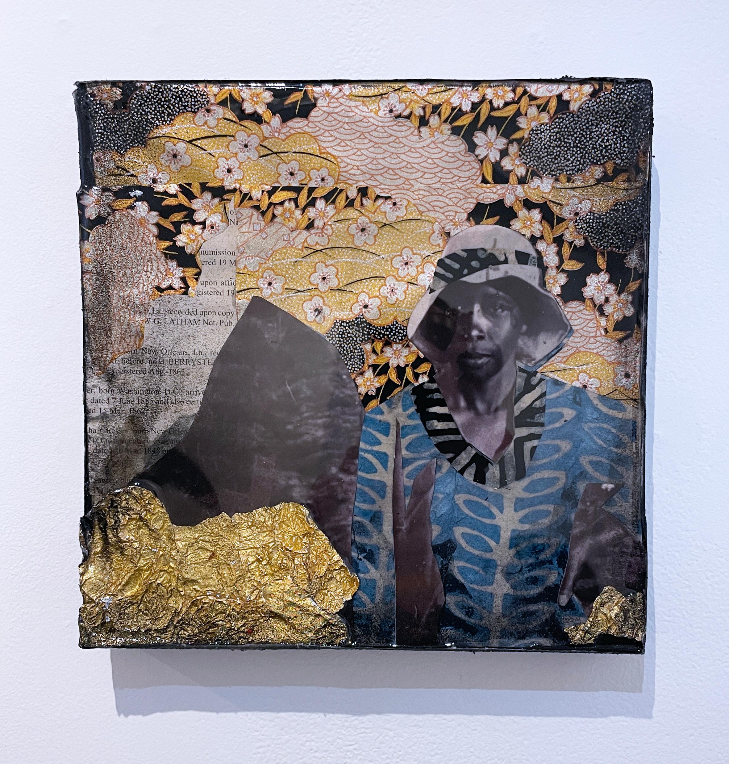 Charlotte Noble, mixed media assemblage, woman portrait, gold leaf, dark colors - Painting by Danielle Scott