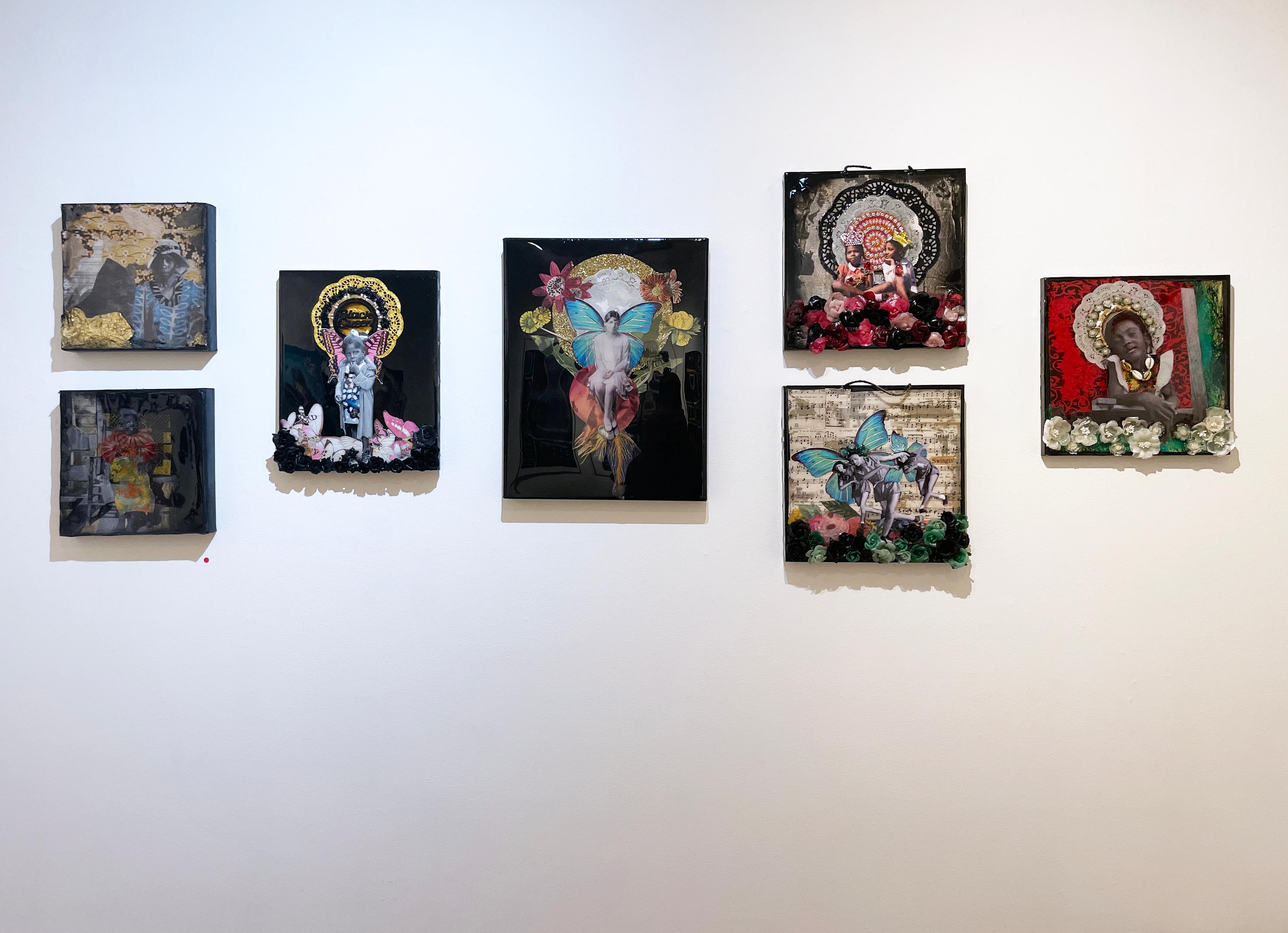 Charlotte Noble, mixed media assemblage, woman portrait, gold leaf, dark colors - Contemporary Painting by Danielle Scott