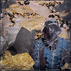 Charlotte Noble, mixed media assemblage, woman portrait, gold leaf, dark colors