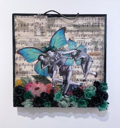 Dream Girls, assemblage dancer portrait, music, black rose, blue butterfly wings