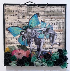 Dream Girls, assemblage dancer portrait, music, black rose, blue butterfly wings