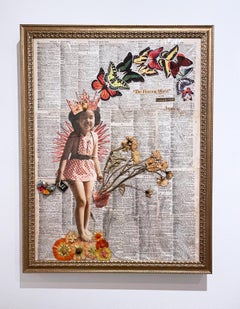 Girl With Holy Water, mixed media assemblage, found object collage, girl, floral