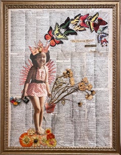 Girl With Holy Water, assemblage de techniques mixtes, collage d'objets trouvés, fille, fleur
