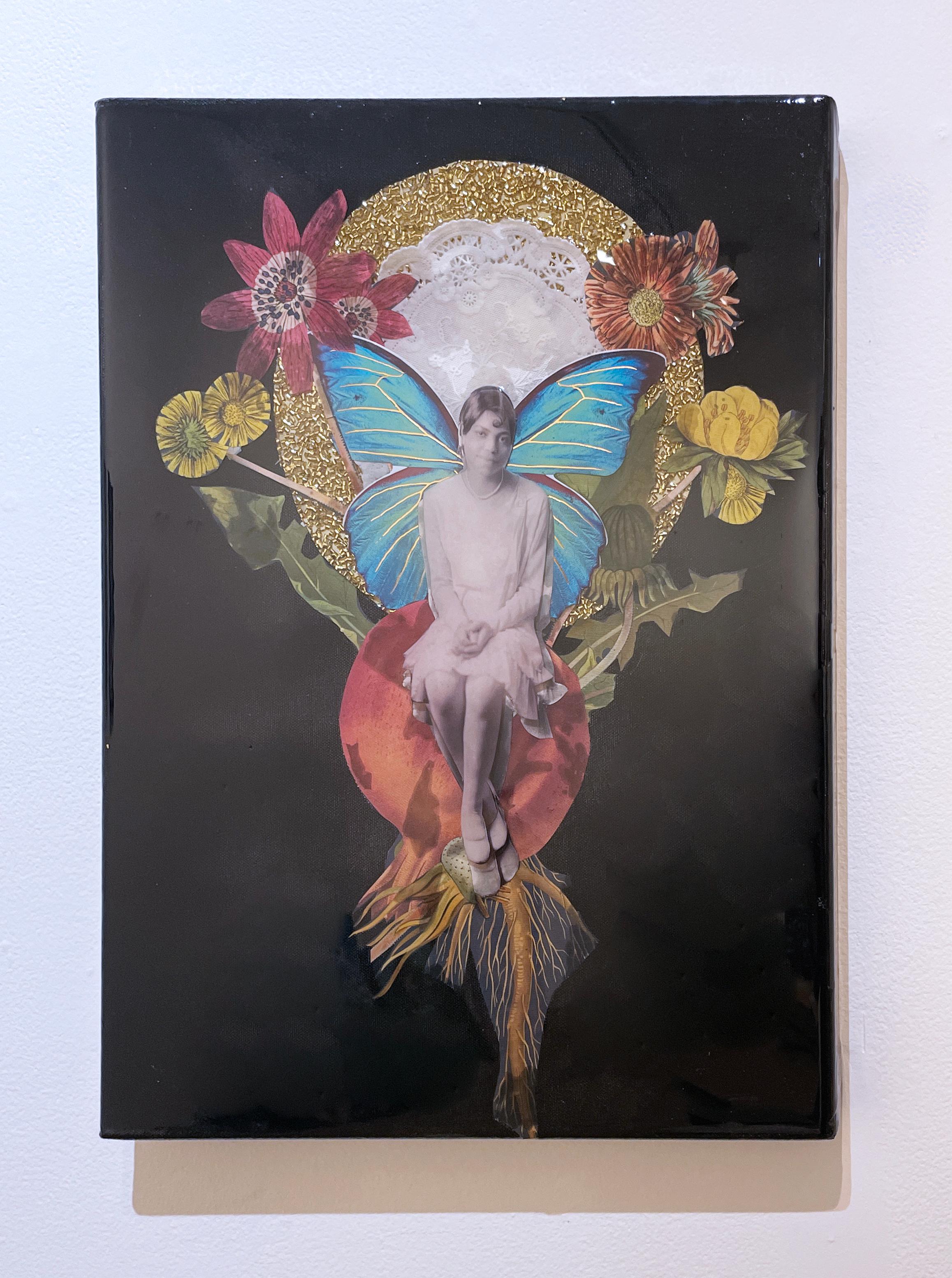 Hermosa, mixed media assemblage, woman portrait, black, gold, pink, butterfly - Painting by Danielle Scott