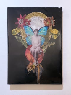 Hermosa, mixed media assemblage, woman portrait, black, gold, pink, butterfly