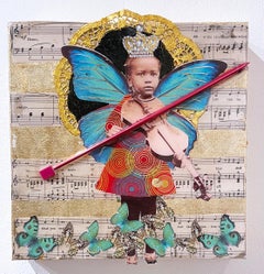 Little Violinist, mixed media assemblage, found object collage, girl, violin