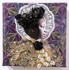 The Queen, mixed media assemblage, found object collage, girl, gold lace, flower