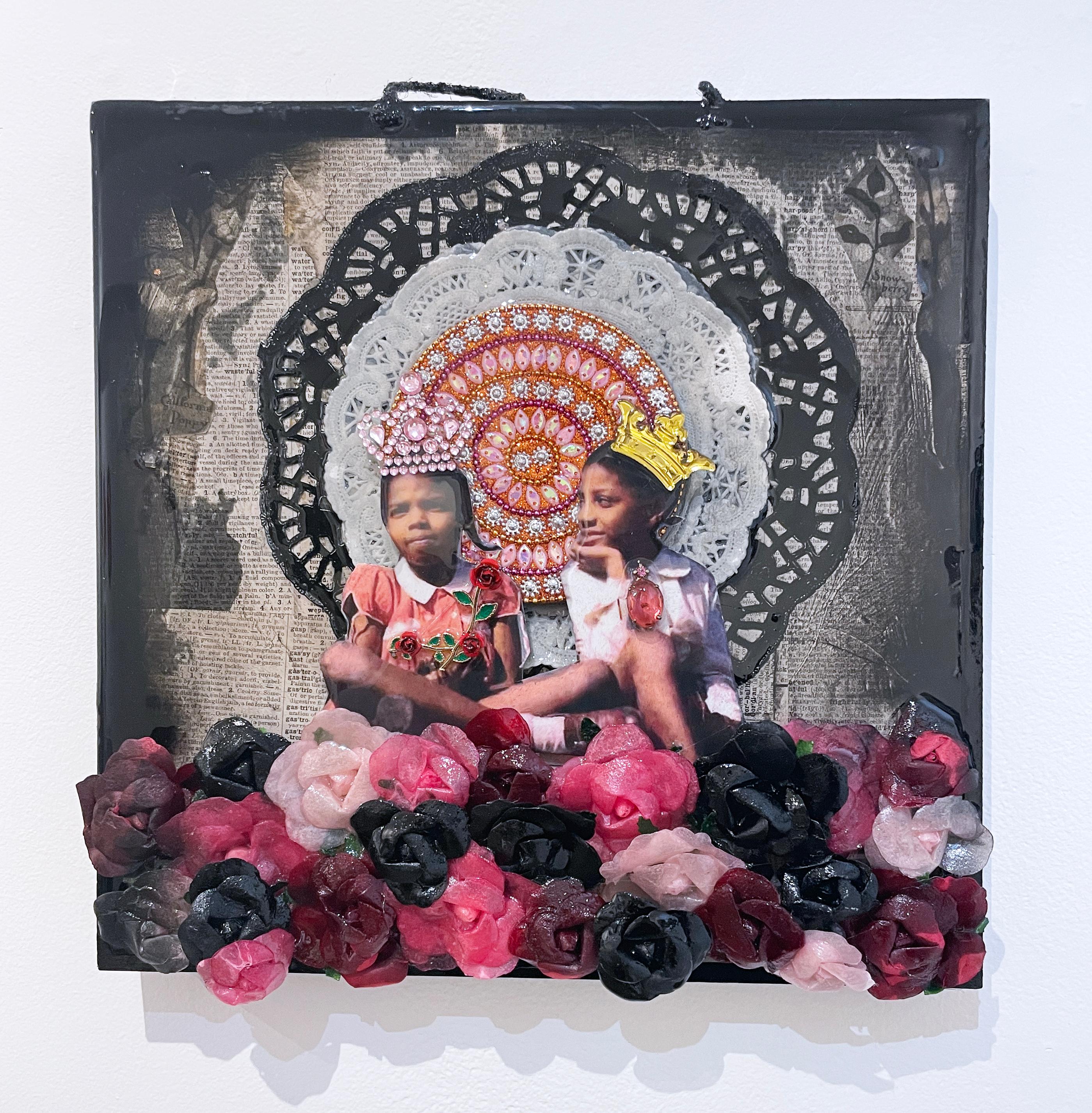 Two Sisters, mixed media assemblage, little girls portrait, gold, pink, crown - Painting by Danielle Scott