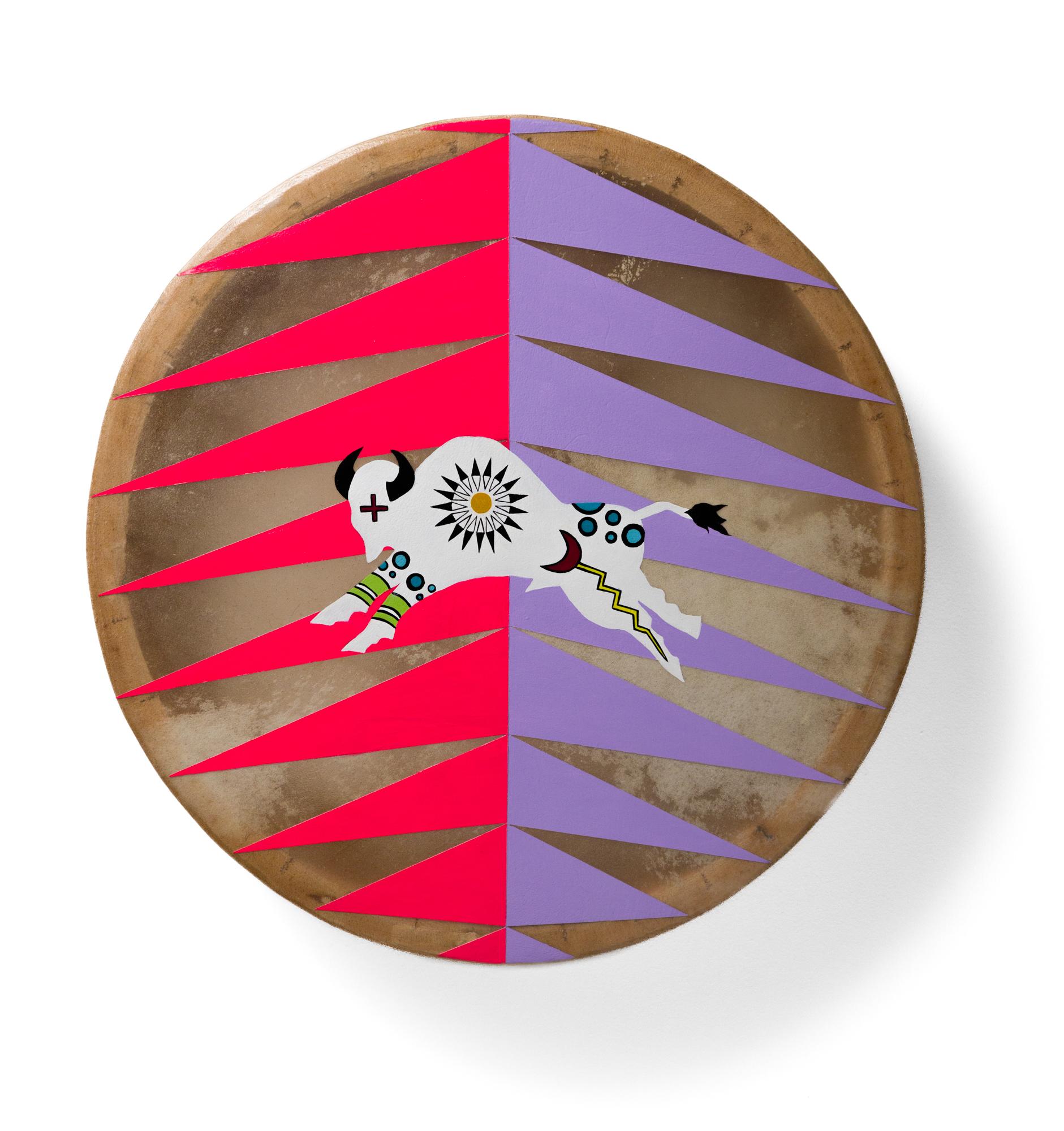 "Buffalo Nation" is an original piece by Danielle SeeWalker made from acrylic paint on buffalo rawhide. This piece measures approx. 17” diameter and comes with a gallery-issued Certificate of Authenticity. 

Danielle SeeWalker is a Húŋkpapȟa Lakȟóta