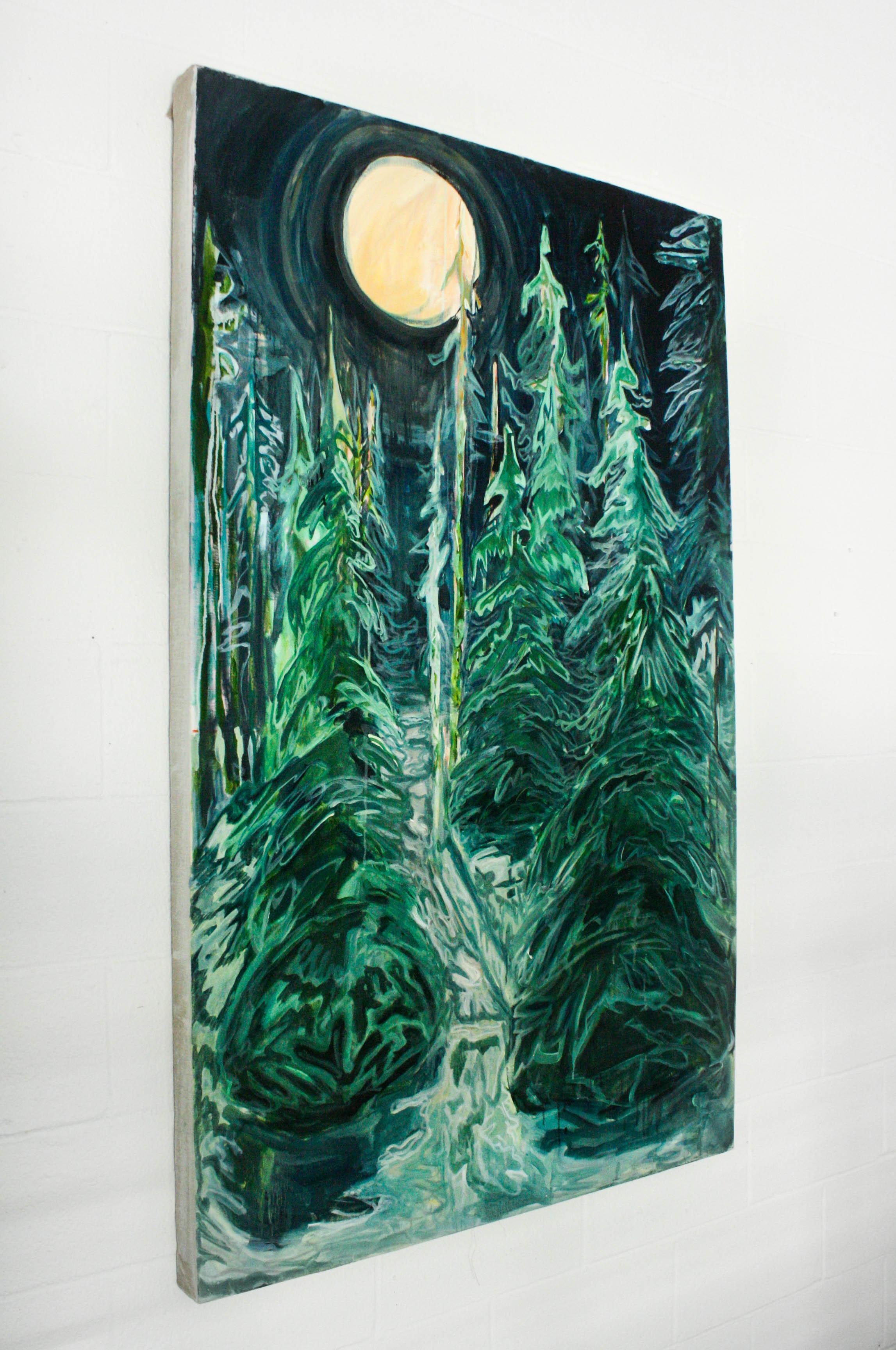 This landscape oil painting on linen canvas depicts a moonlit scene filled with evergreen trees under a night sky. The moon is large and glowing yellow above the serene scape.

Artist Statement: 
My work is about Place. There has always existed