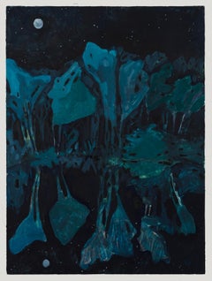 Black Water Black Boat- Oil Paint, Wood, Painting, Landscape, Blue, Teal, Trees