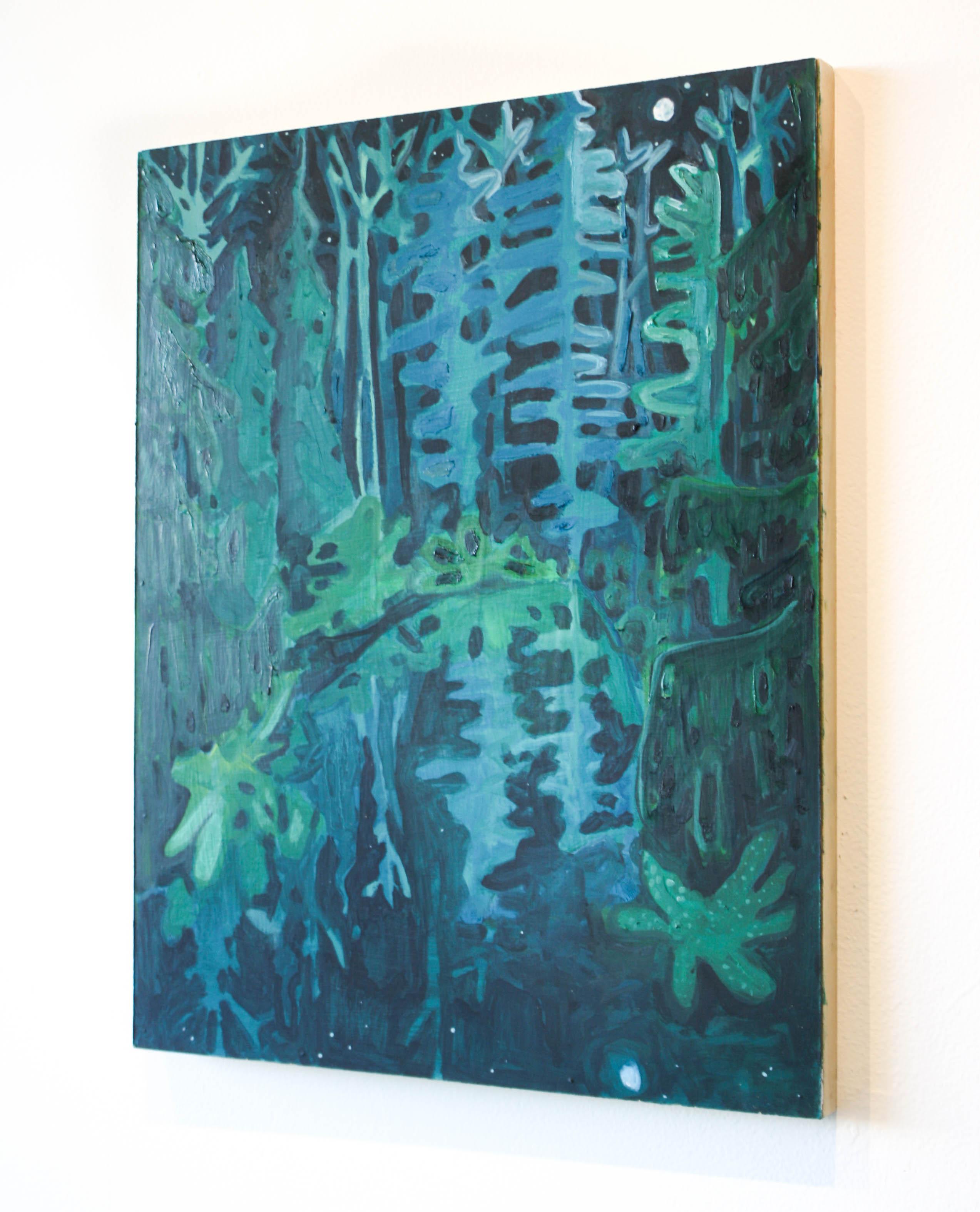 This landscape oil painting is a nighttime depiction of trees rendered using deep blues and teals. 

My work is about Place. For me, no space is permanent and home is not a fixed entity. Pulling from themes commonly found in German Romantic