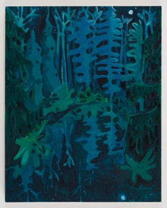 Blue Water, Blue Moon- Oil Paint, Wood, Painting, Landscape, Trees, Blue, Teal