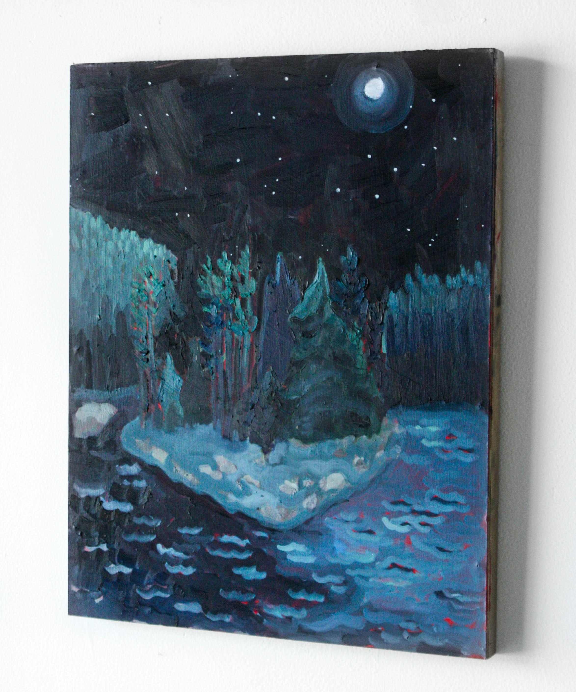 This landscape oil painting is beautifully rendered with moody blues punctuated with pops of violet. It is a nighttime scene in nature featuring trees, shrubs, and water.

My work is about Place. For me, no space is permanent and home is not a fixed