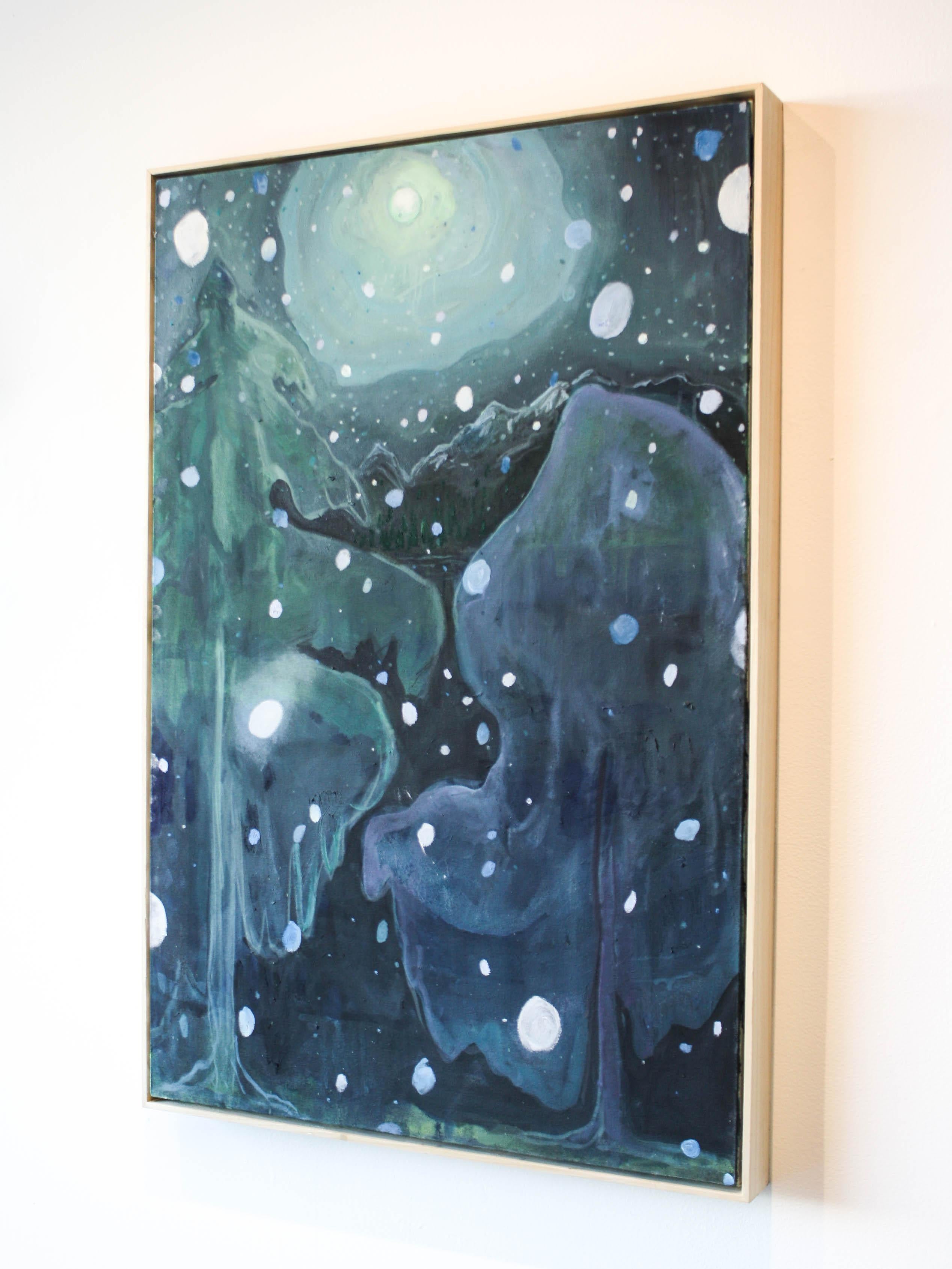 This landscape oil painting on canvas is a depiction of trees at nighttime in the moonlight. It is rendered with deep blues and teals. 

My work is about Place. For me, no space is permanent and home is not a fixed entity. Pulling from themes