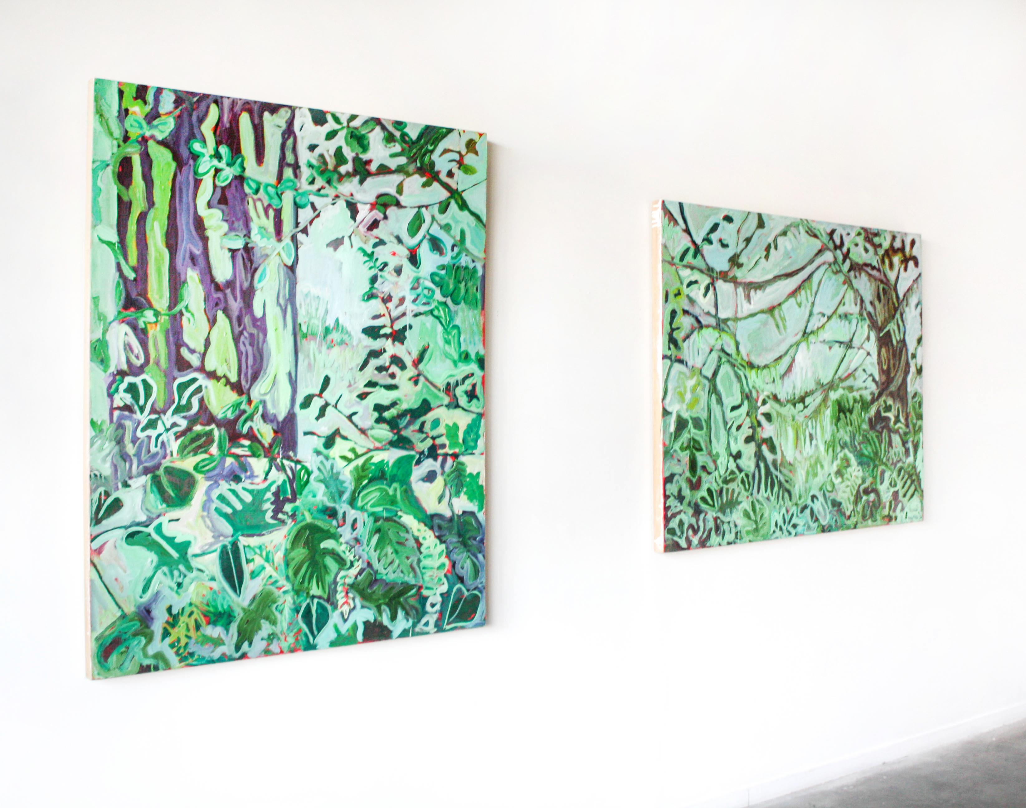 Through the underbrush- Oil Paint, Painting, Wood, Panel, Leaves, Landscape - Blue Landscape Painting by Danielle Winger