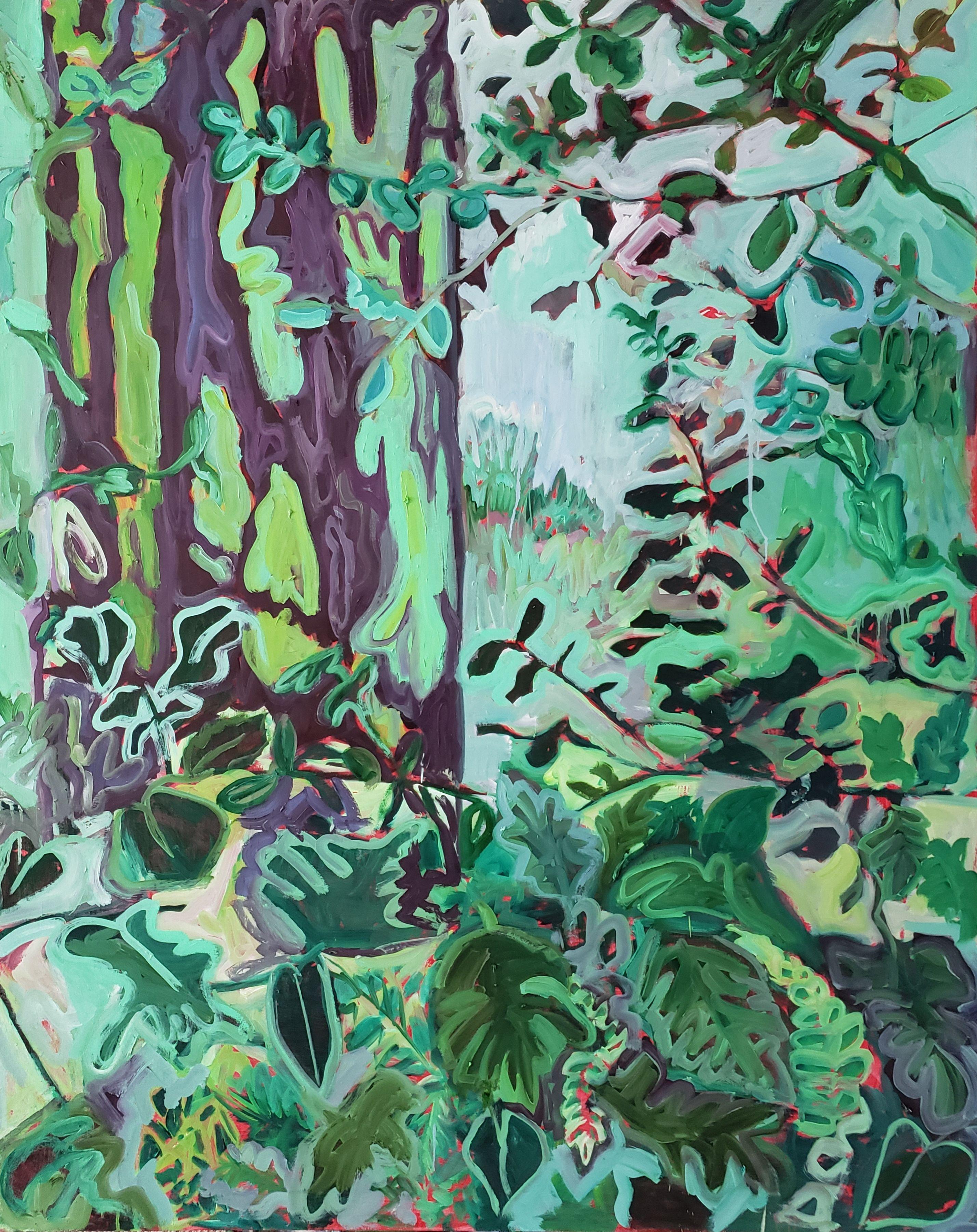 Danielle Winger Landscape Painting - Through the underbrush- Oil Paint, Painting, Wood, Panel, Leaves, Landscape
