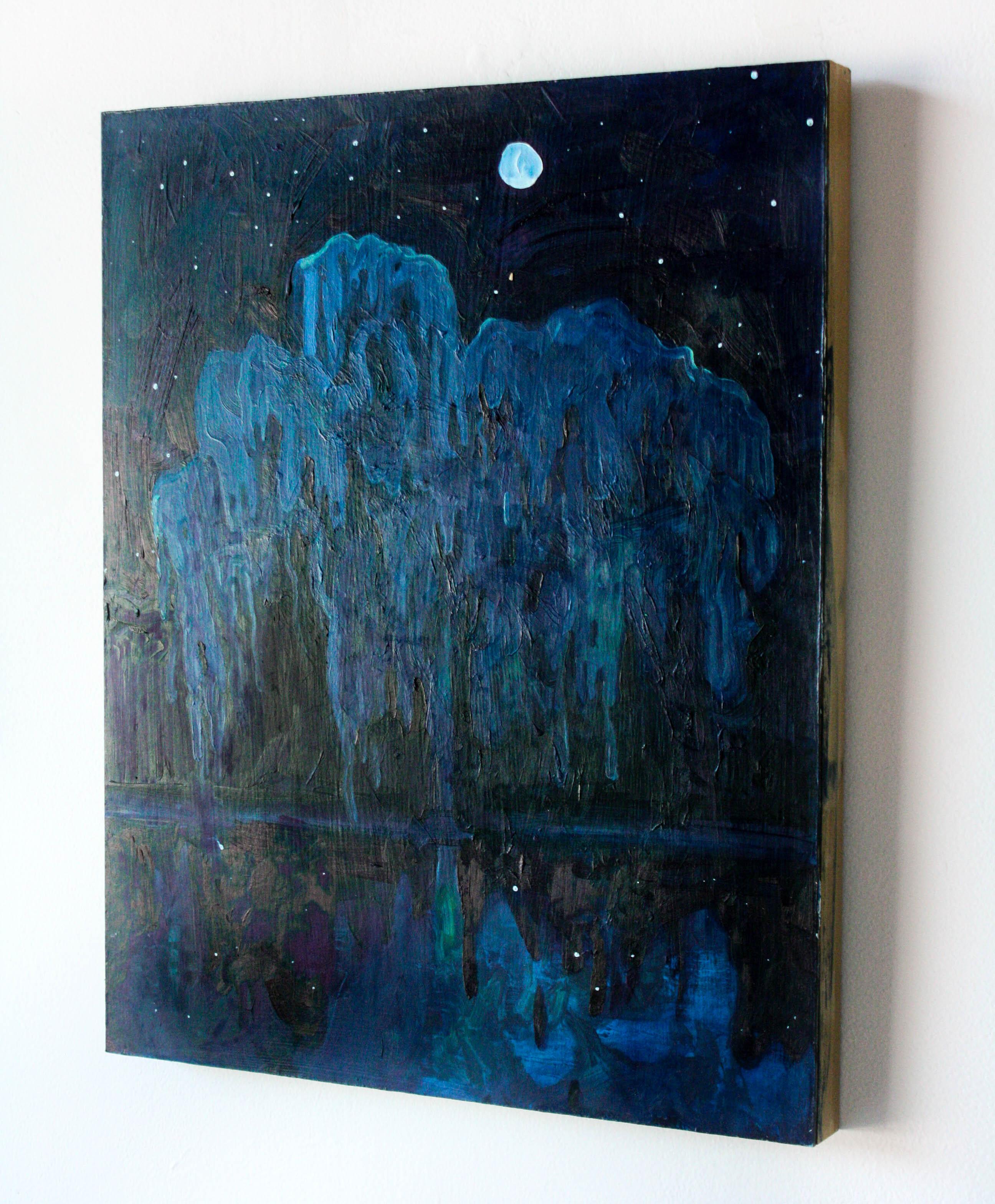 This deep and moody landscape oil painting depicts a tree in the moonlight using hues of blue, purple, violet, and indigo.

My work is about Place. For me, no space is permanent and home is not a fixed entity. Pulling from themes commonly found in