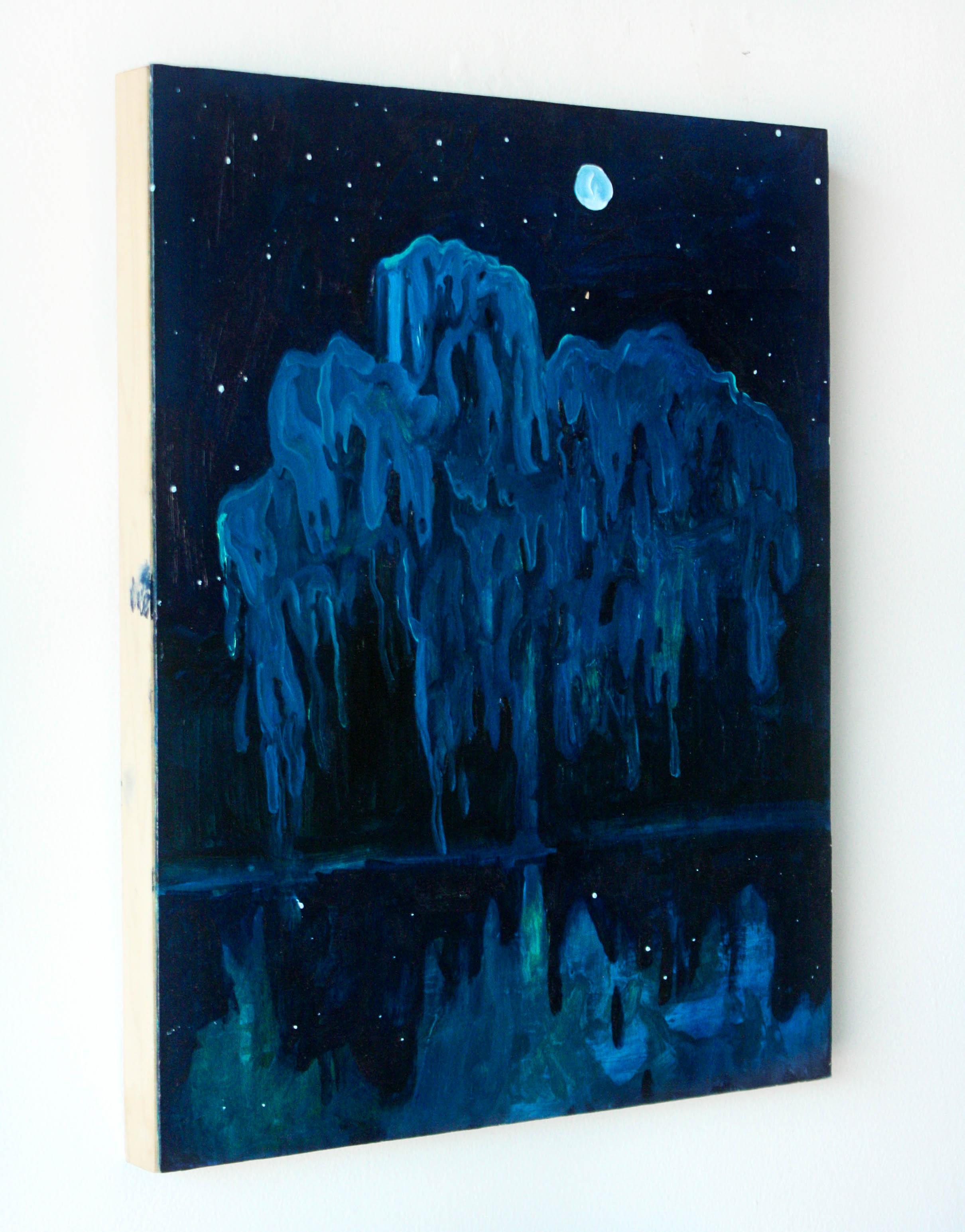Weeping at the Water- Oil Paint, Wood, Painting, Blue, Purple, Violet, Landscape For Sale 1