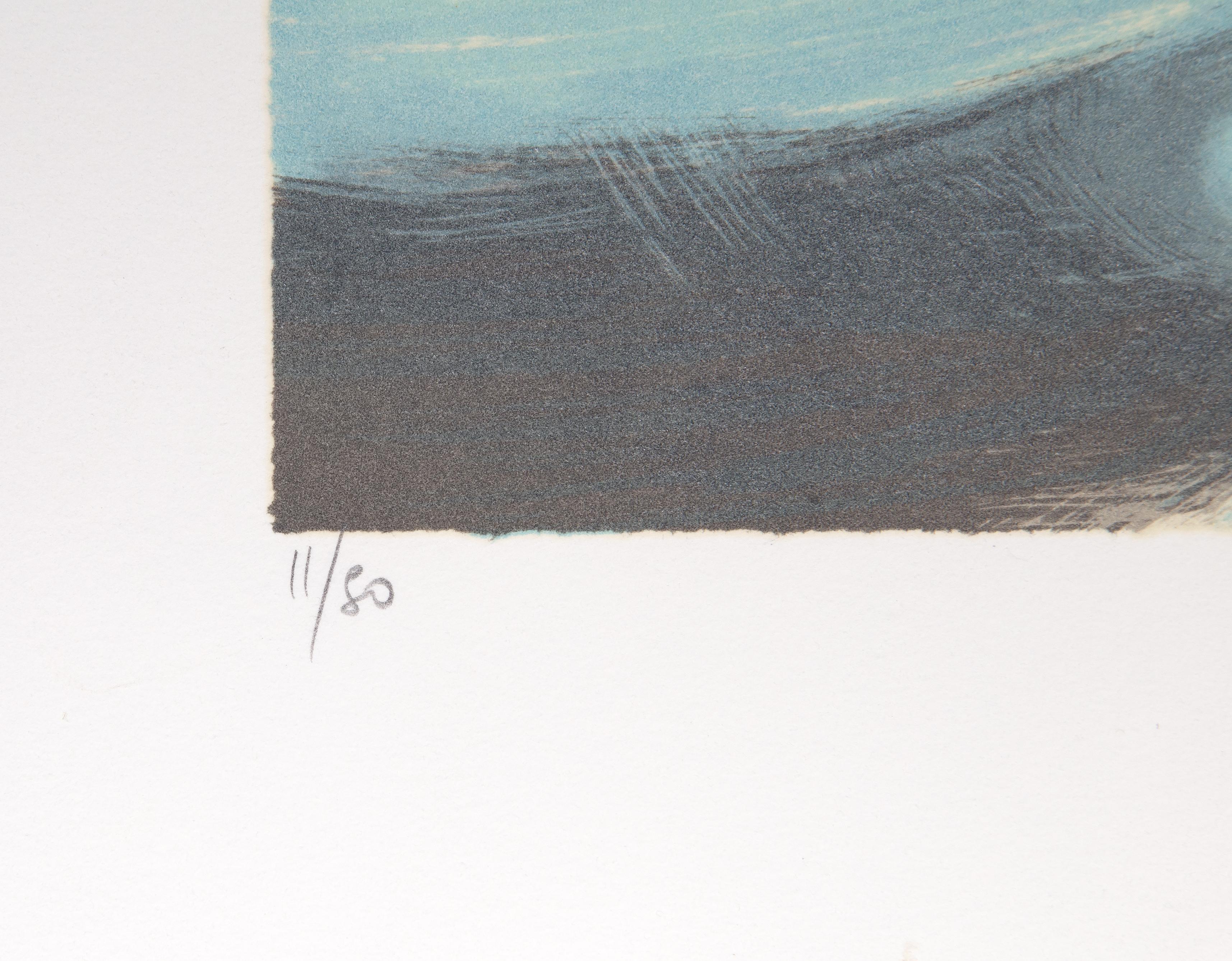 Regate En Haute Mer, lithographie de paysage de Daniel Gelis - Gris Landscape Print par Danil Gelis