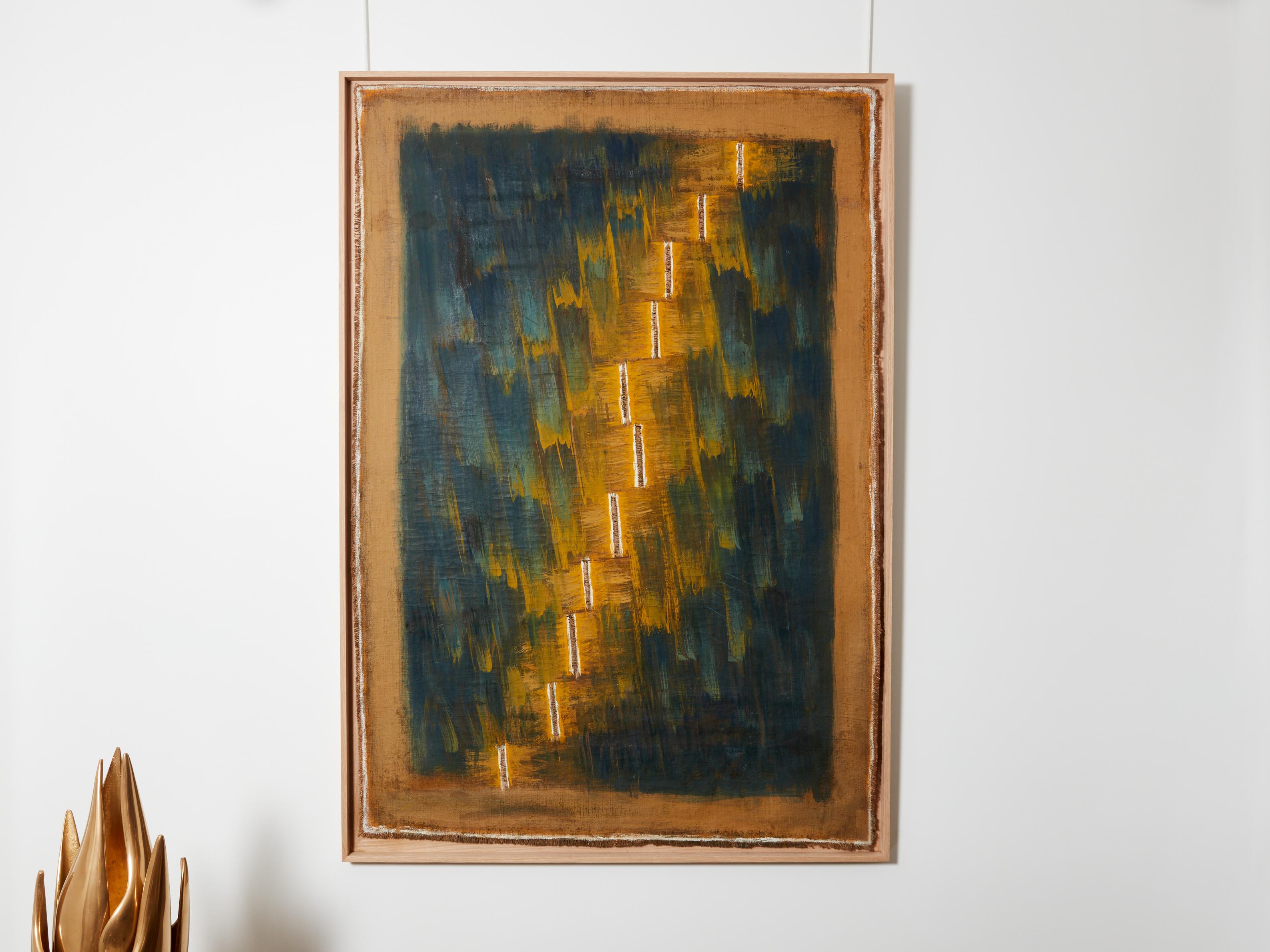 This is a large and powerful oil on toile de jute by Greek artist Daniel Panagopoulos, dit Danil, dated 1989 on the back. It’s been framed with an oak wood shadow box matching the jute color. The size includes the frame, the jute being 52 inches x