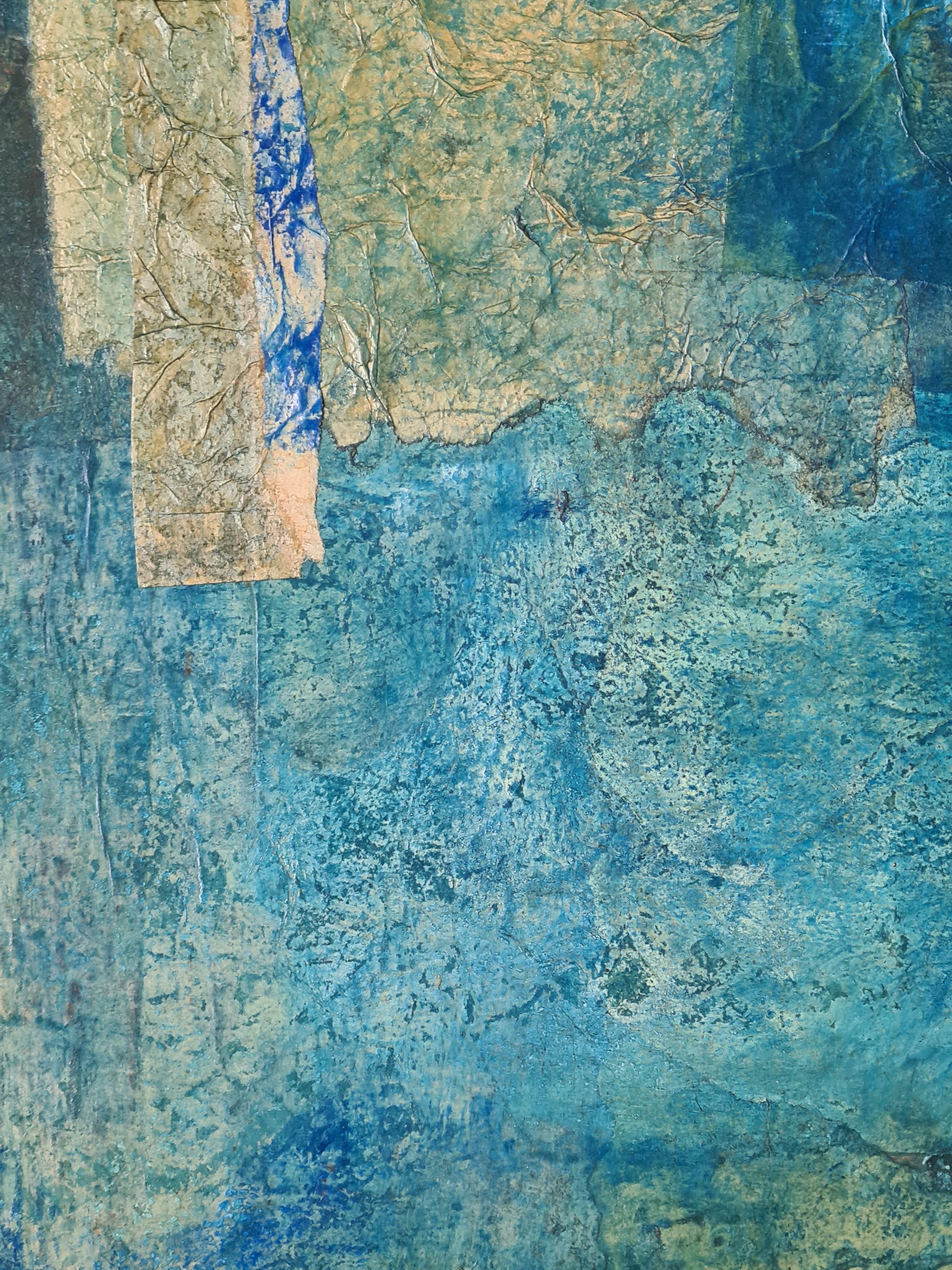 Französisches abstraktes expressionistisches Gemälde in Mischtechnik von Danièle Jaquillard. Das Gemälde ist unten rechts signiert und datiert. Präsentiert in einem maßgefertigten, bemalten Tray-Rahmen.

Ein starkes und eindrucksvolles abstraktes